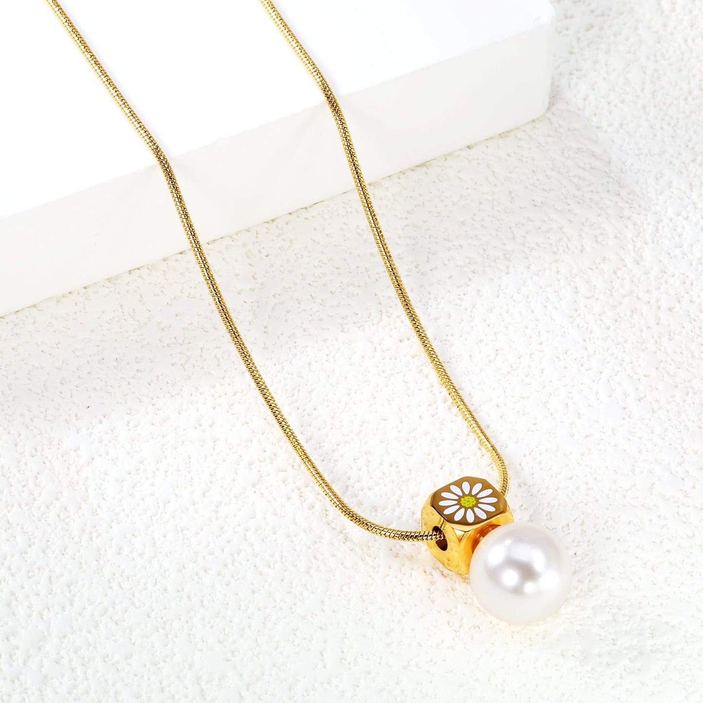 8mm chamfered square+12mm pearl pendant necklace cross chain 40+5cm+6mm round plaque gold color