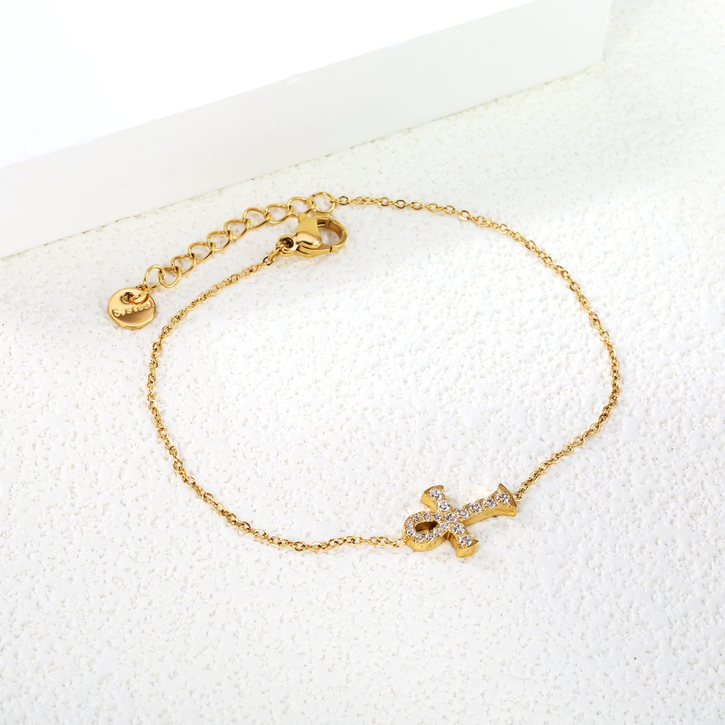 10*15mm Cross CNC Zirconium Bracelet 17+3cm+6mm Round Tail Plaque Gold Color