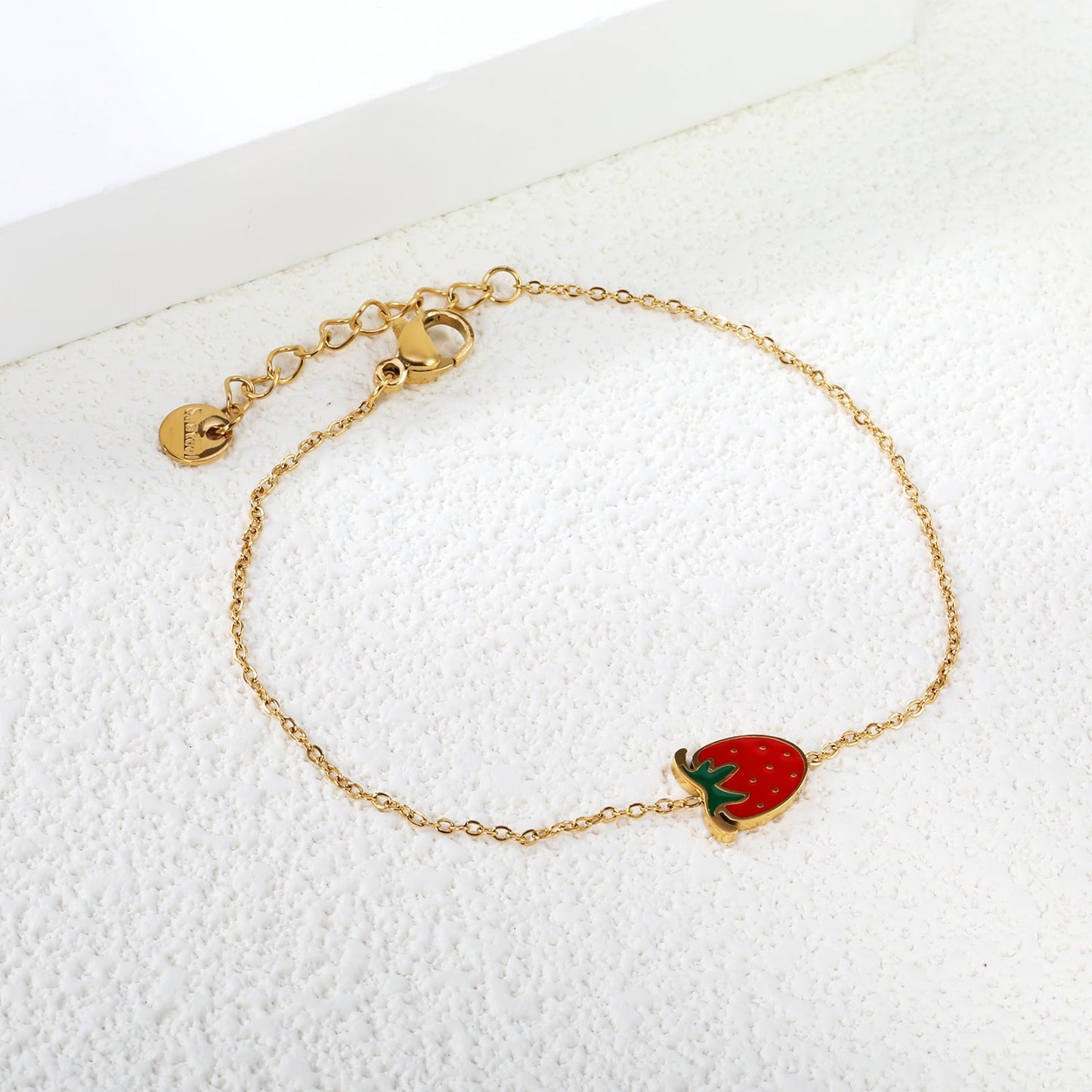 9*10mm Strawberry with Mixed Color Drip Oil Accessories Bracelet 17+3cm+6mm Round End Plaque Gold Color