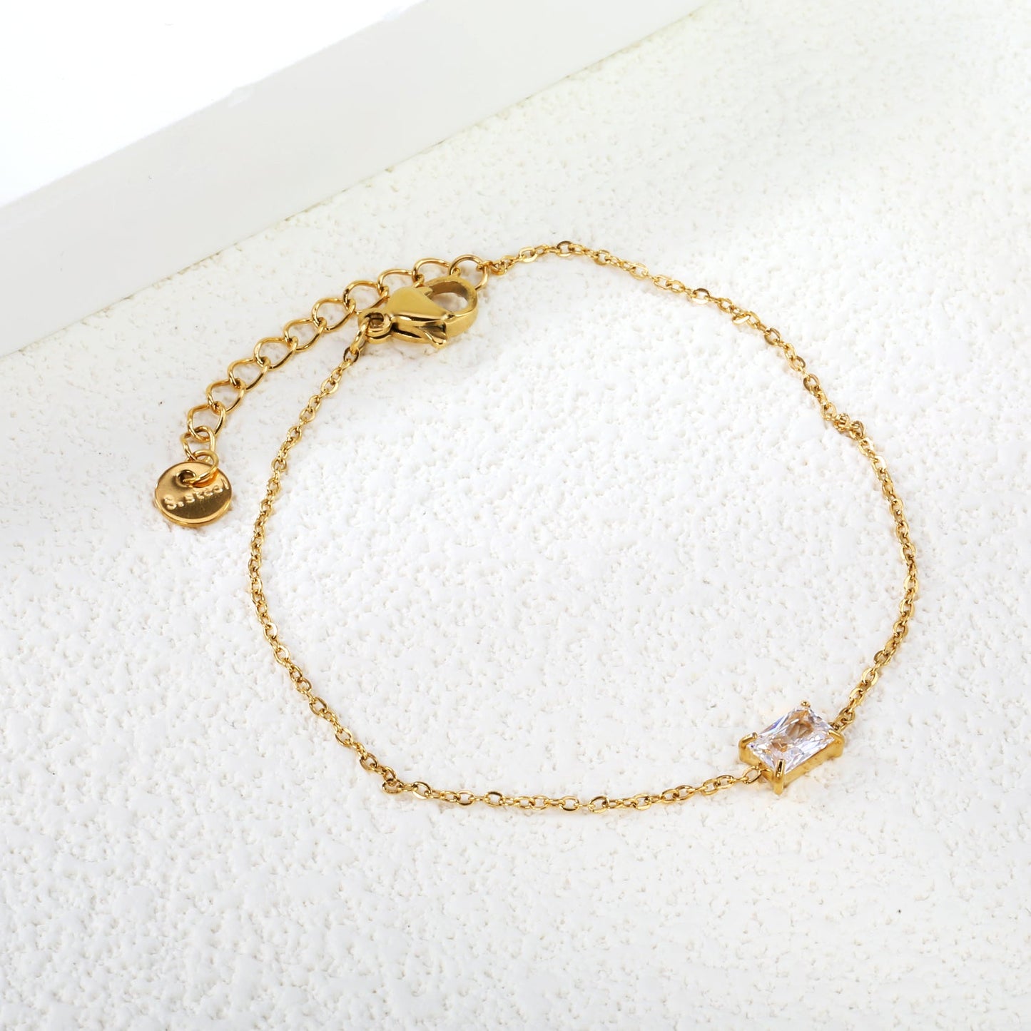 7*5mm Rectangle with White Zirconium Accessories Bracelet 17+3cm+6mm Round End Plaque Gold Color