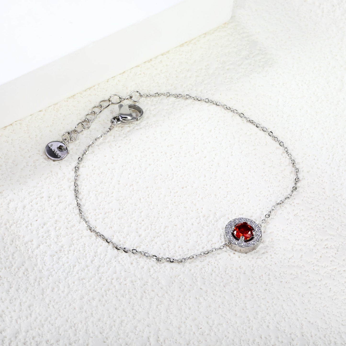 9.6mm round with CNC white zirconium circle + garnet red real zirconium accessories bracelet 17+3cm + 6mm round end plate steel color/golden