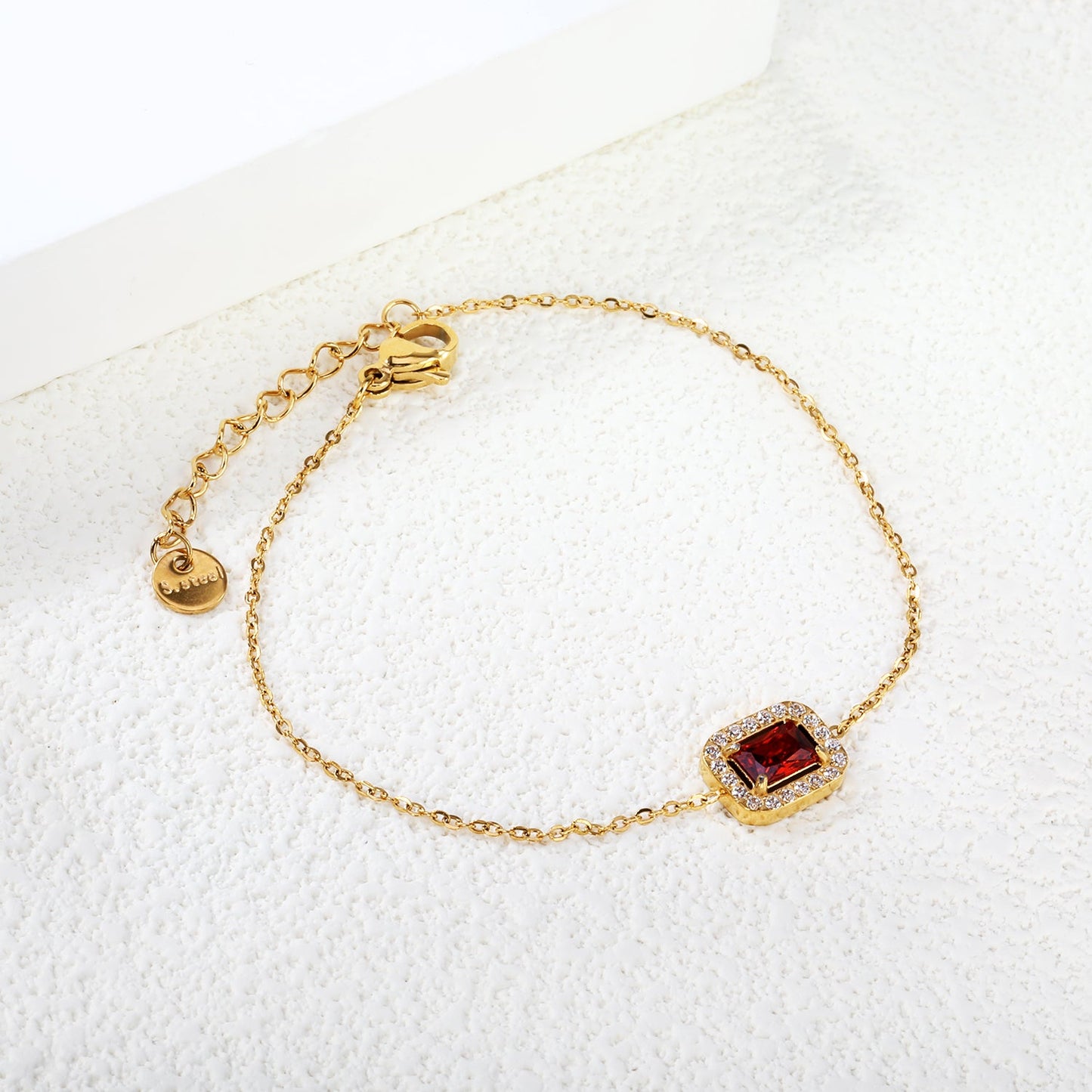 8.8*10.8mm rectangle with CNC white zirconium ring + garnet red real zirconium accessories bracelet 17+3cm+6mm round end plaque steel color/golden