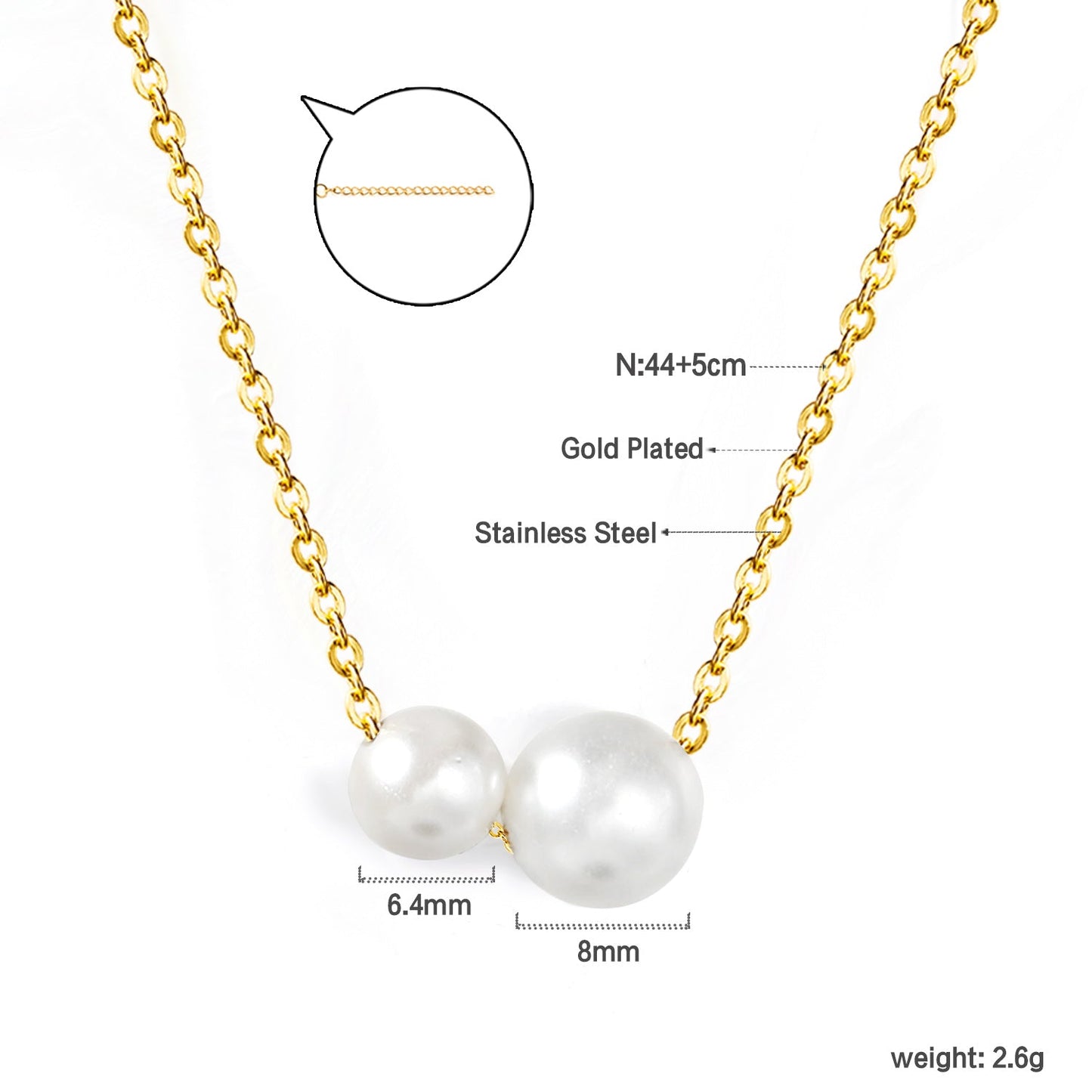 2 large and small white pearls 6.4+8mm necklace 44+5cm