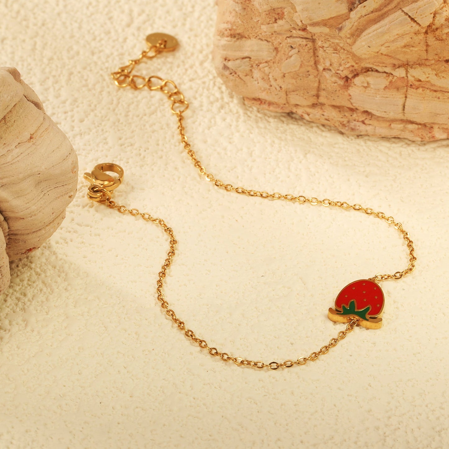 9*10mm Strawberry with Mixed Color Drip Oil Accessories Bracelet 17+3cm+6mm Round End Plaque Gold Color