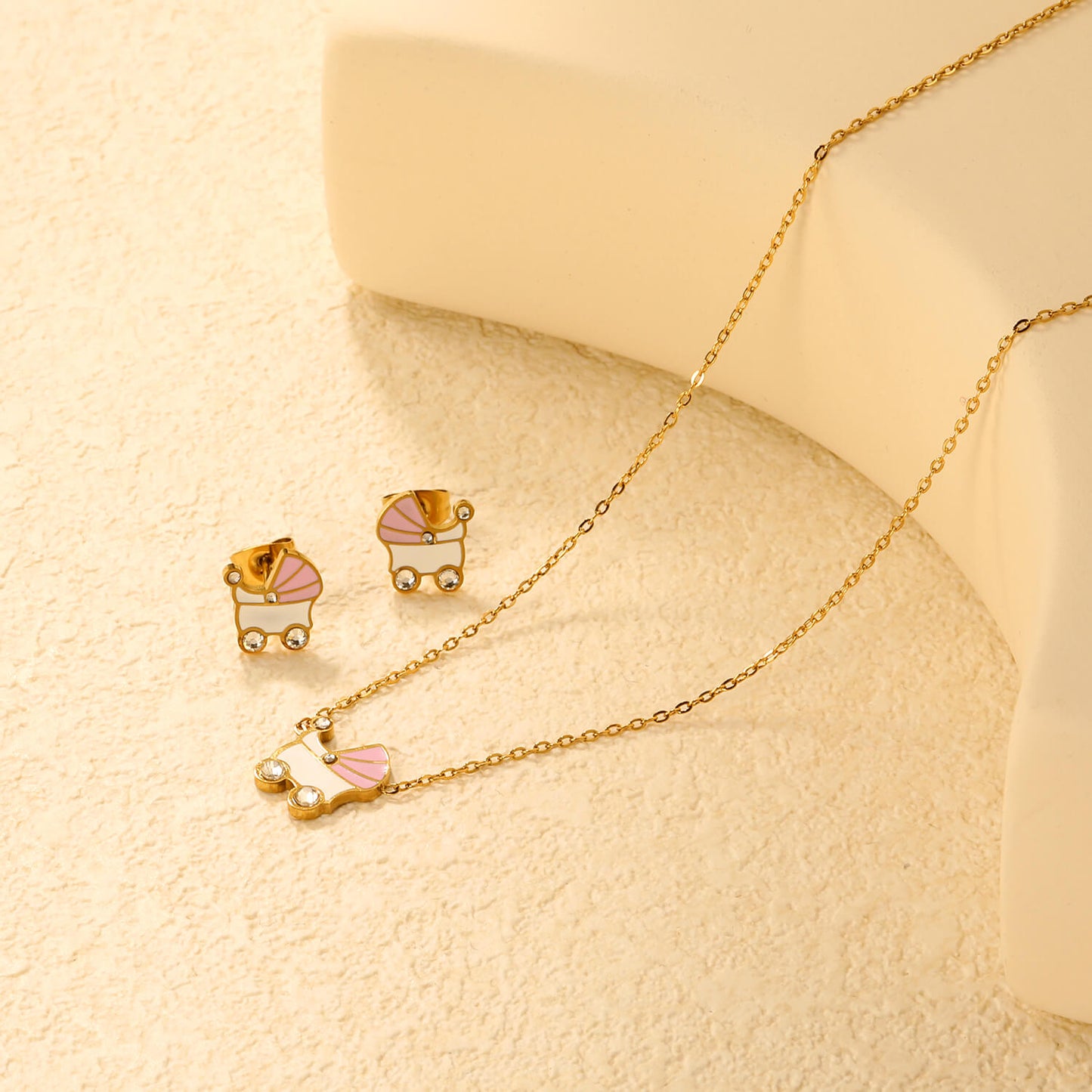✨10.5x12mm Pink & White Rocking Teardrop Set Diamond Accents | Gold/Silver Stainless Steel Necklace & Earrings | 42+5cm | Wholesale