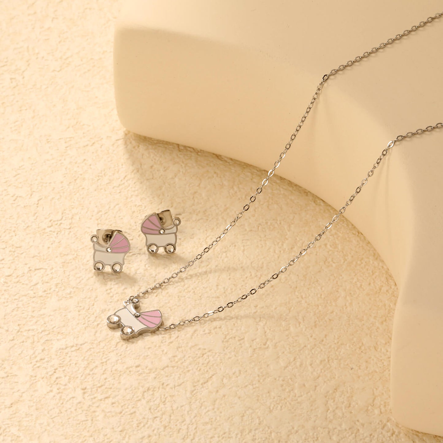 ✨10.5x12mm Pink & White Rocking Teardrop Set Diamond Accents | Gold/Silver Stainless Steel Necklace & Earrings | 42+5cm | Wholesale
