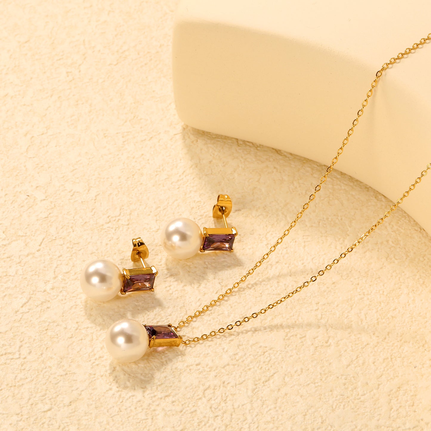 ✨ Wholesale Gold Stainless Steel Rectangular Purple Zircon & Pearl Pendant Set (7.5x5.5mm) | 40+5cm Chain | 7g
