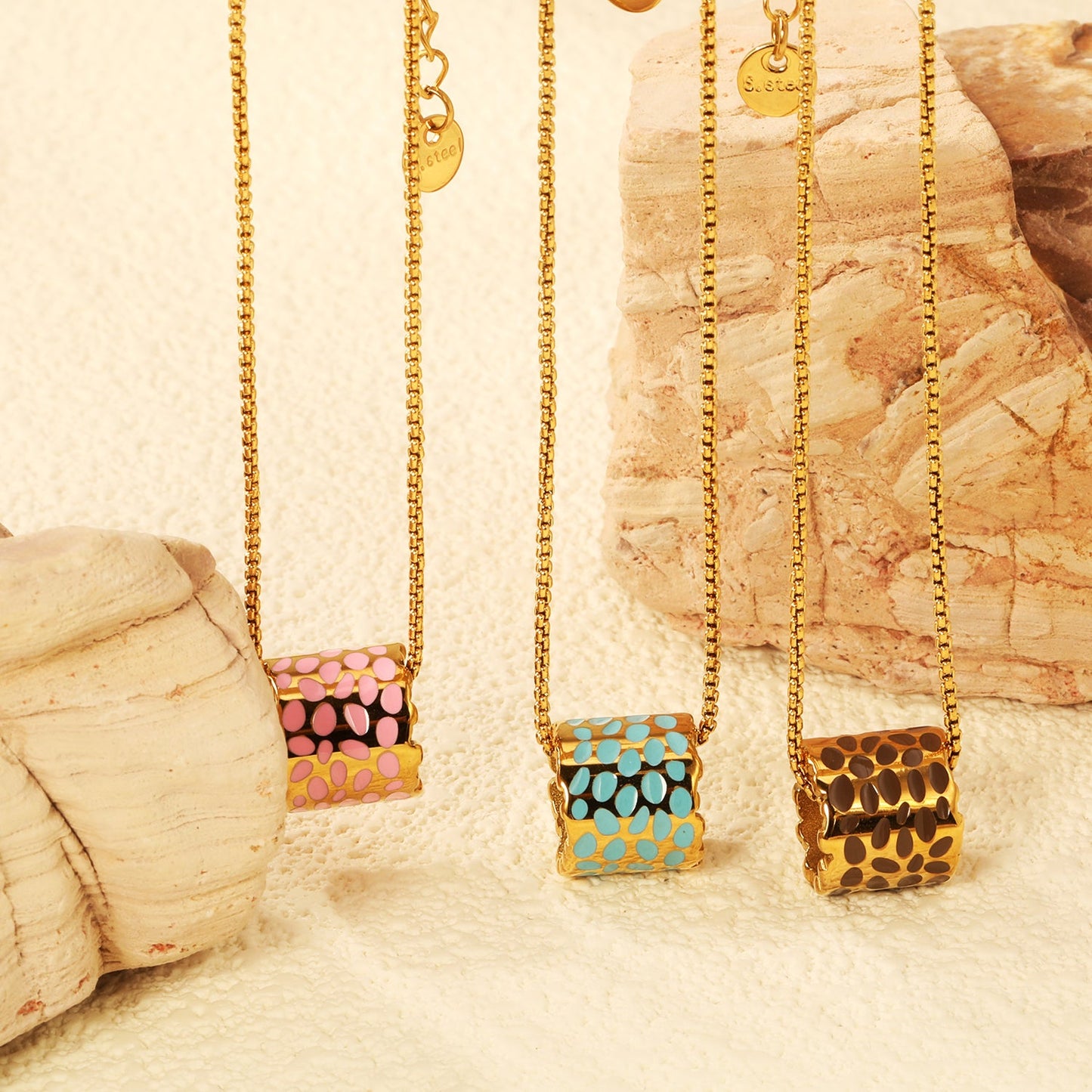 11*12mm hollow cylinder with light curry/pink/blue speckled oil drop pendant necklace 1.2 square pearl chain 40+5cm+6mm round piece gold color
