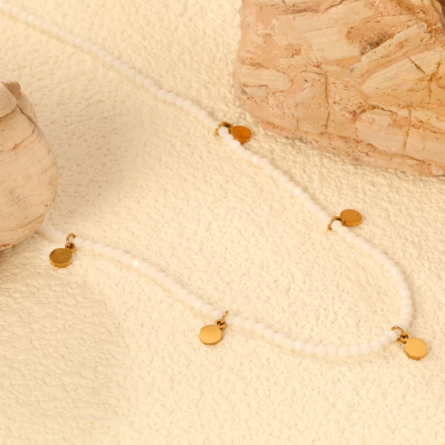 4*5.7mm round accessories +2mm white/mineral black beads necklace 40+5cm+6mm round plate Gold color