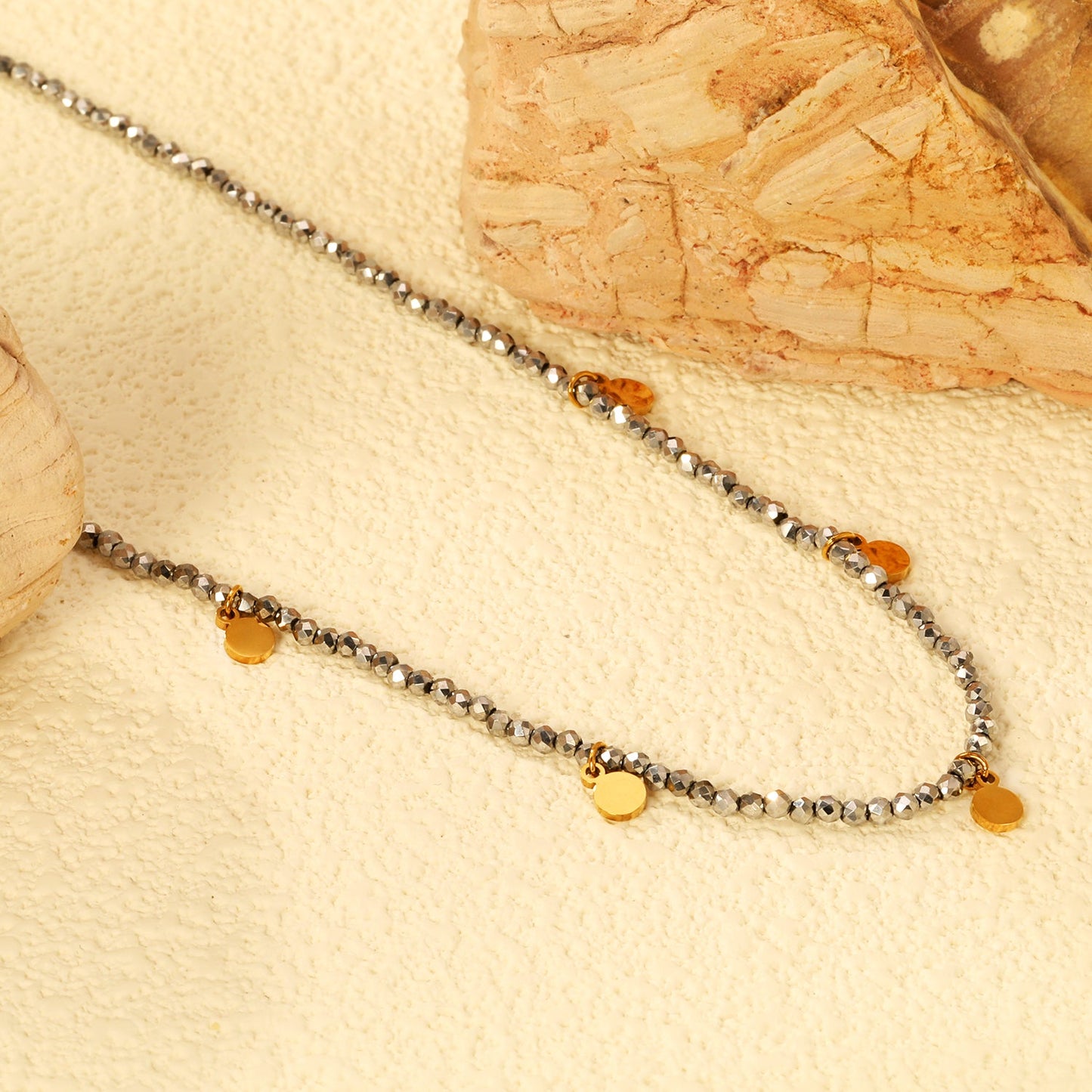 4*5.7mm round accessories +2mm white/mineral black beads necklace 40+5cm+6mm round plate Gold color