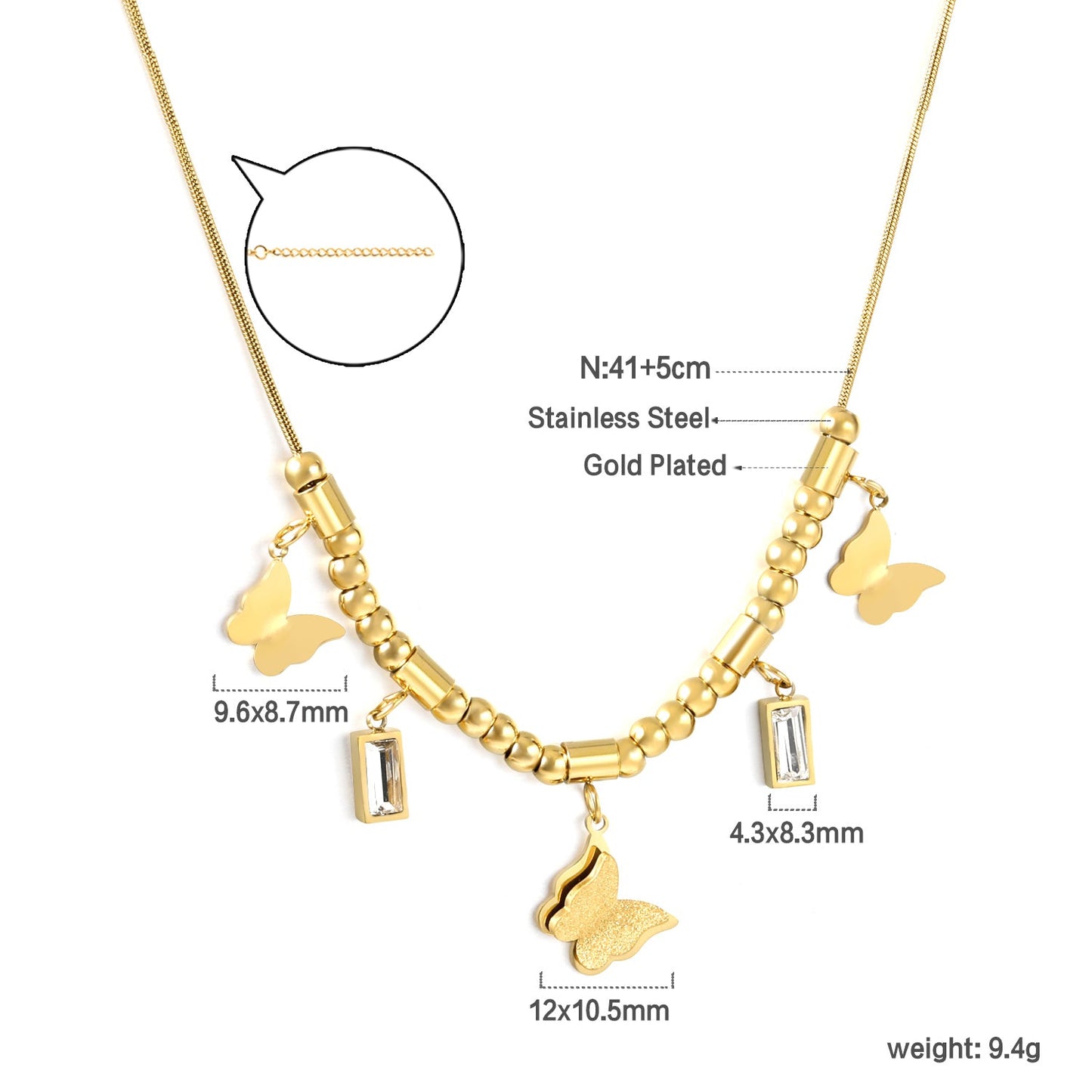 3 size butterflies 12*10mm+2 rectangular white diamond pendants 4.3*8.3mm+22 round through beads+5 round through posts Necklace 41+5cm Gold color