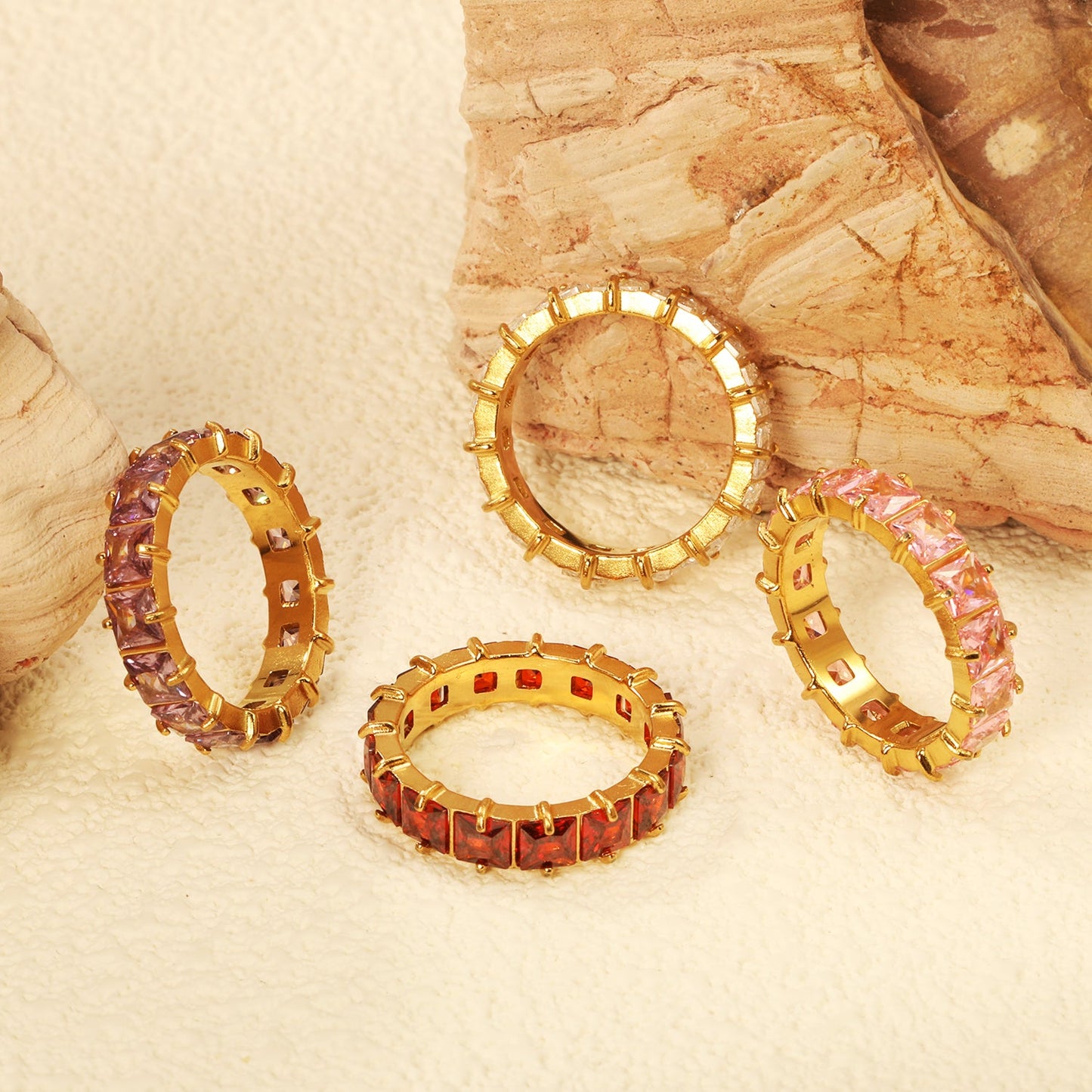 4mm square white/purple/red/pink zirconium solitaire ring gold color