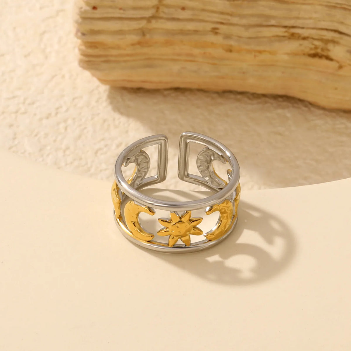 Moon and Star Sunburst Open Cuff Ring | Gold & Two-Tone Color | Size 7 | MOQ 12