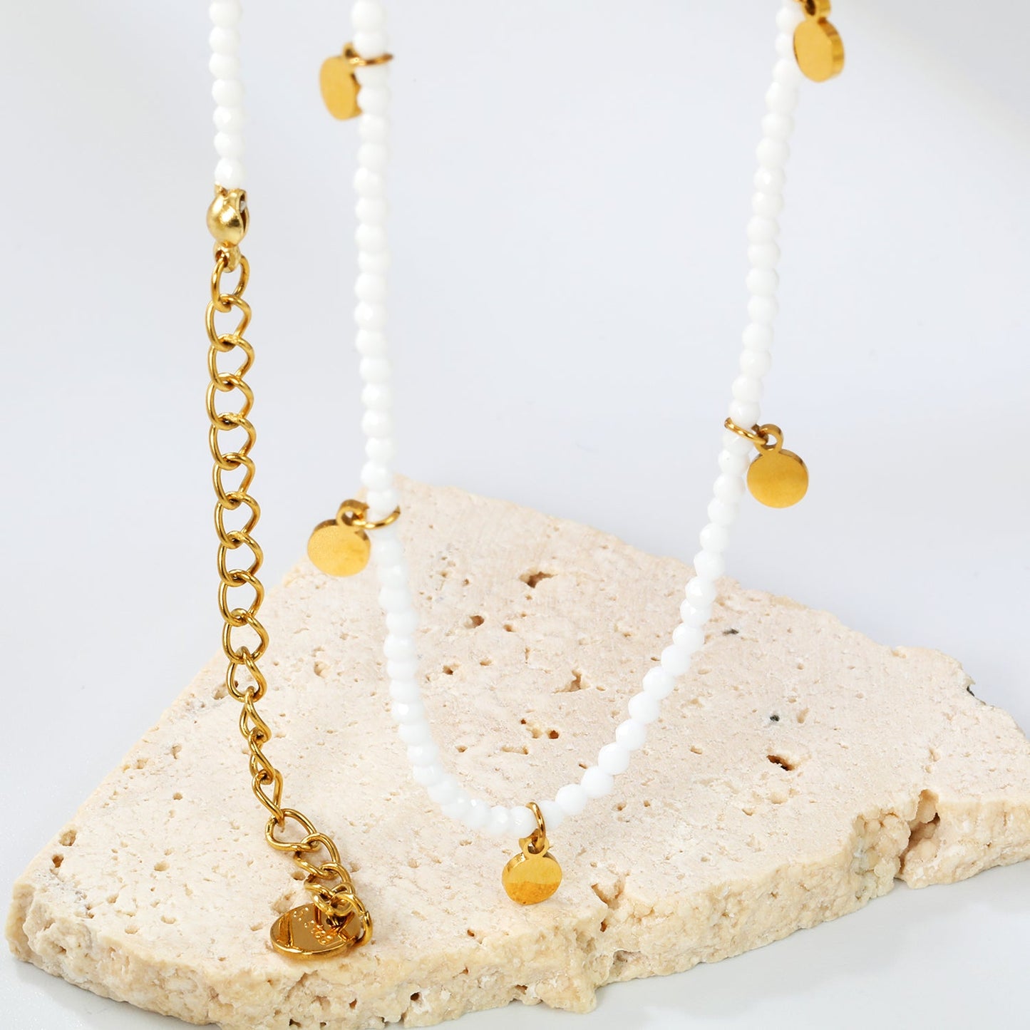 4*5.7mm round accessories +2mm white/mineral black beads necklace 40+5cm+6mm round plate Gold color
