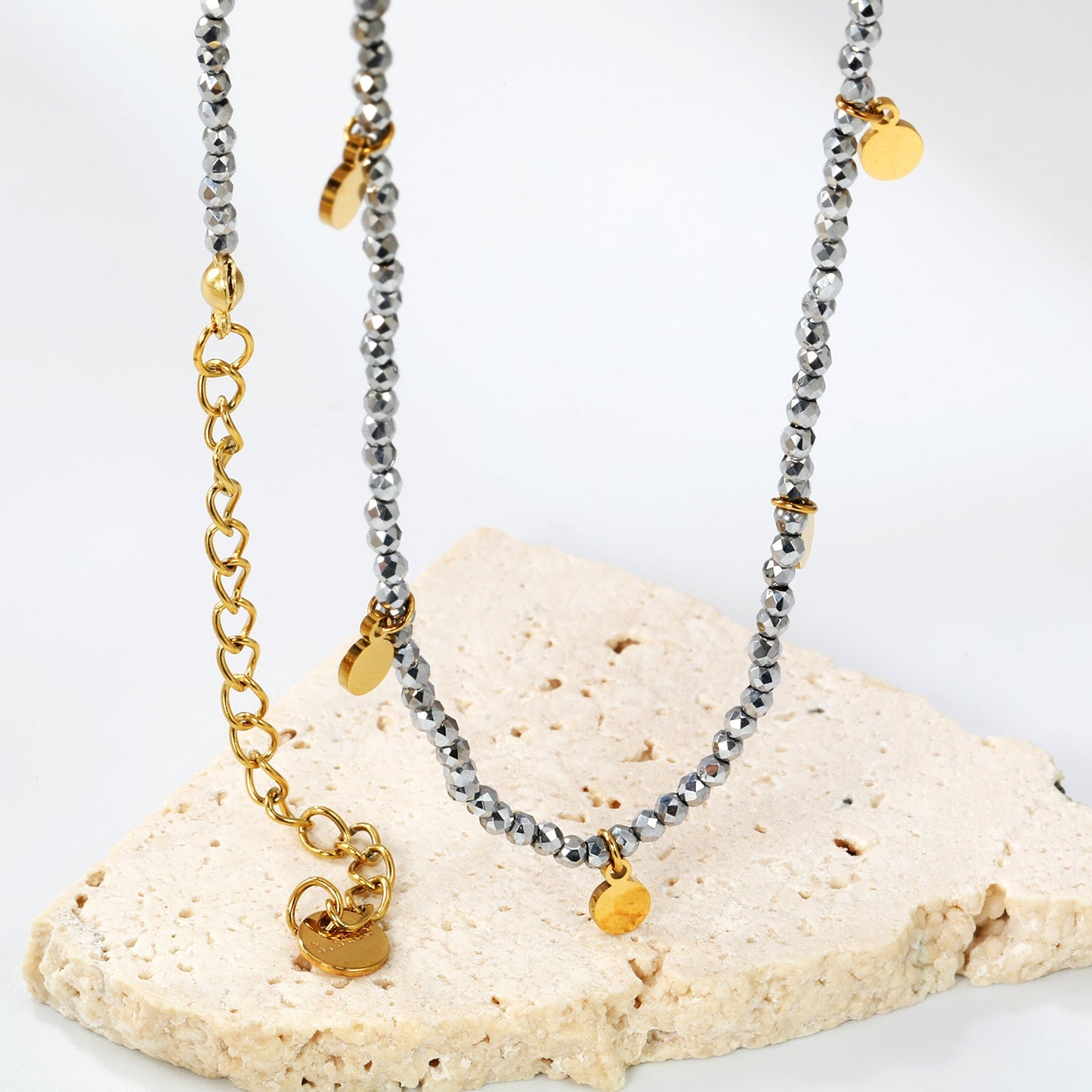 4*5.7mm round accessories +2mm white/mineral black beads necklace 40+5cm+6mm round plate Gold color