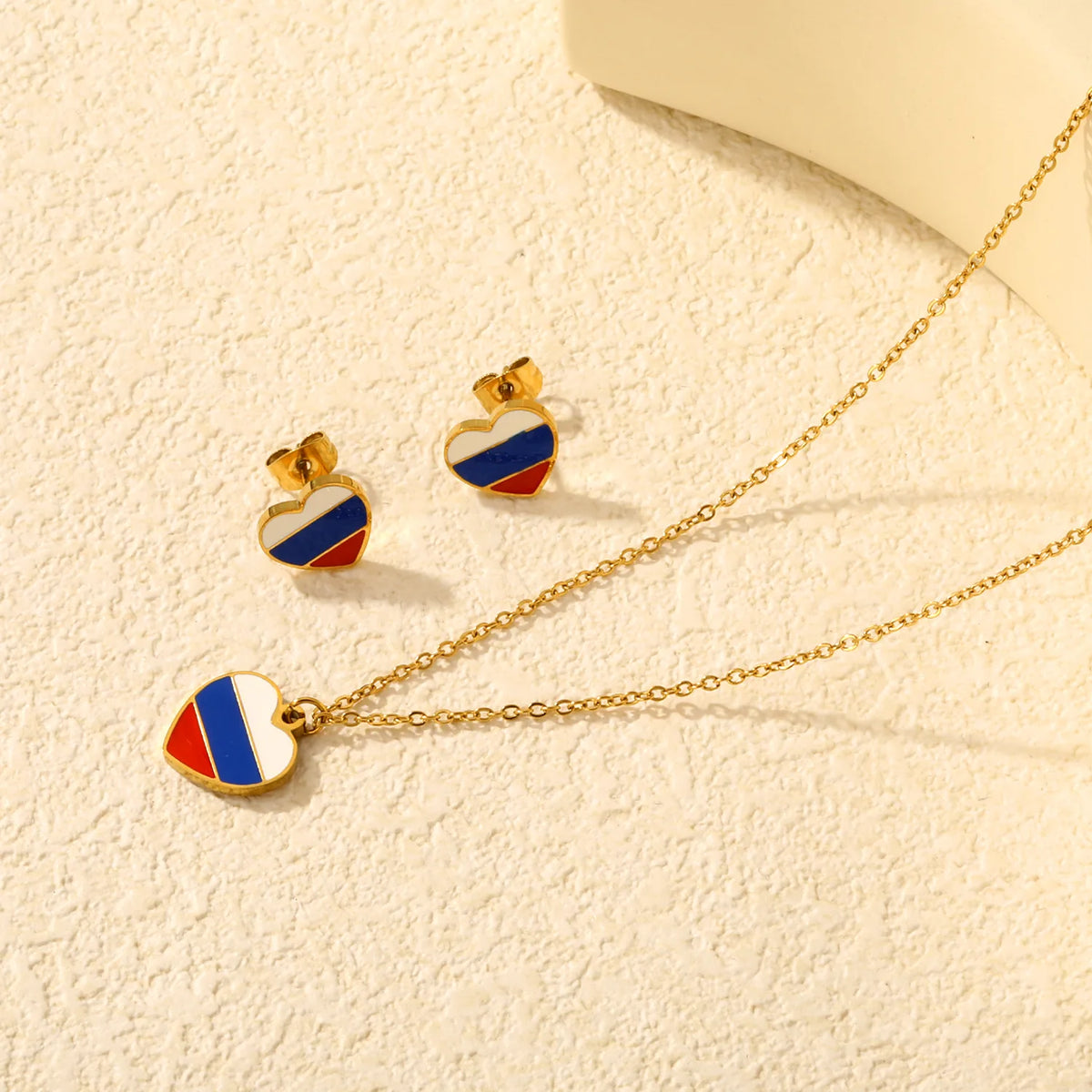 18K Gold Plated National Flag Souvenir Jewelry Set | Heart Russia Flag | Necklace & Stud Earrings | Wholesale MOQ 12