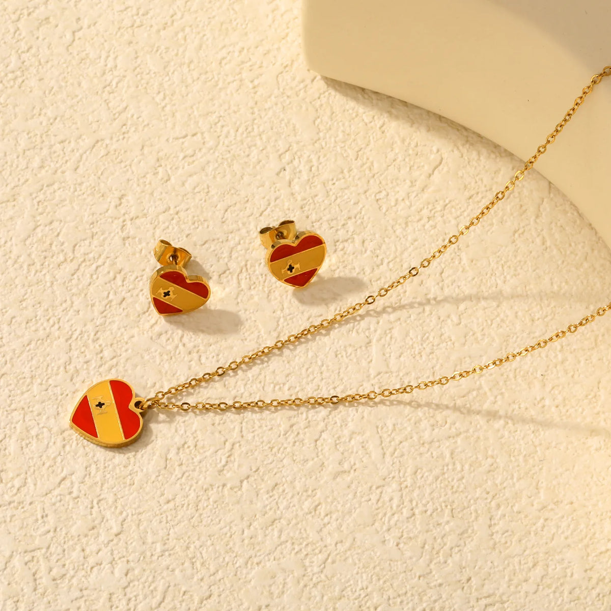 Heart Spain Flag Dripping Oil 18K Gold Plated Jewelry Set | Necklace & Stud Earrings MOQ 12 |