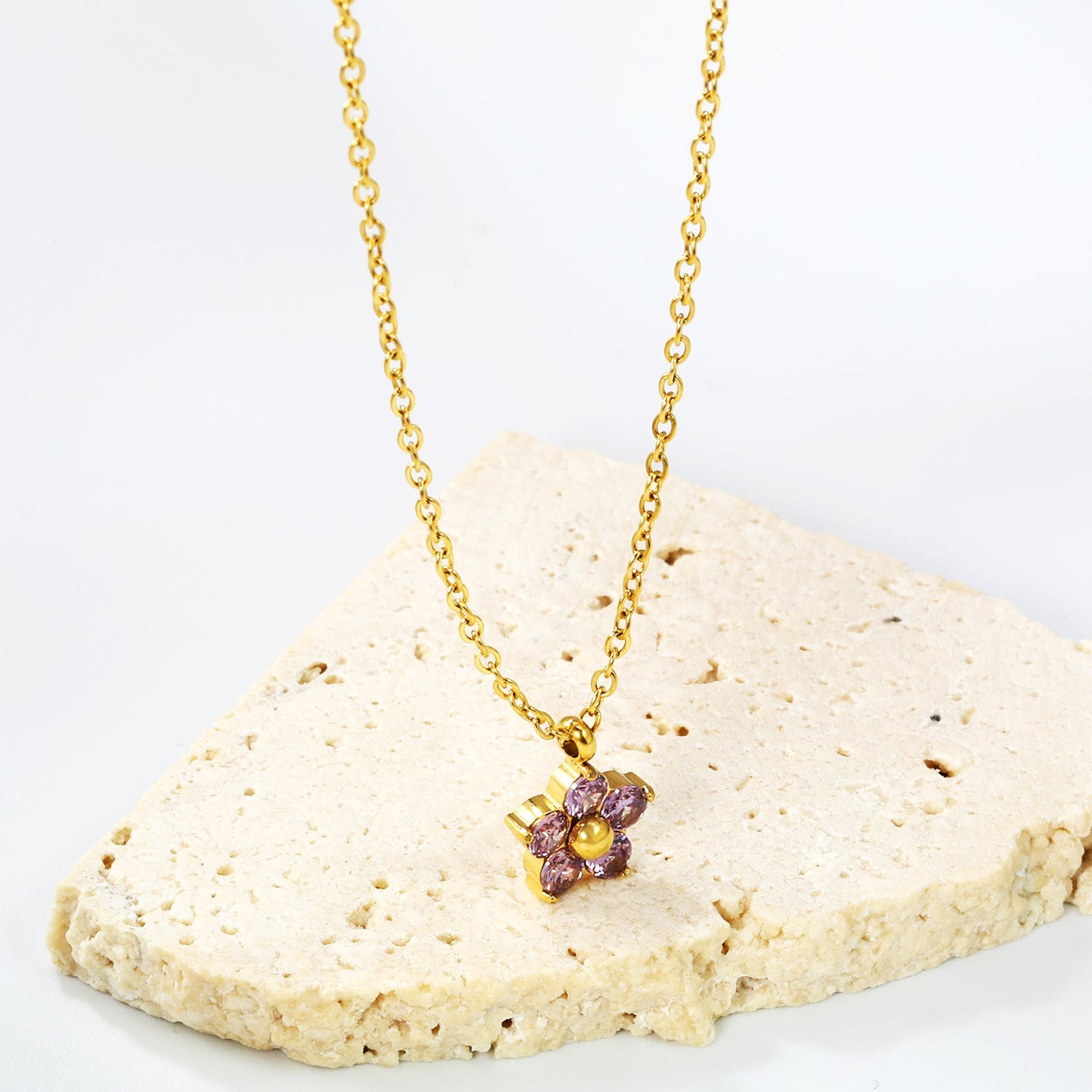 9.3mm five petal flower with round white/purple/pink zirconium pendant necklace 0.35 cross chain 45+5cm+6mm round plate