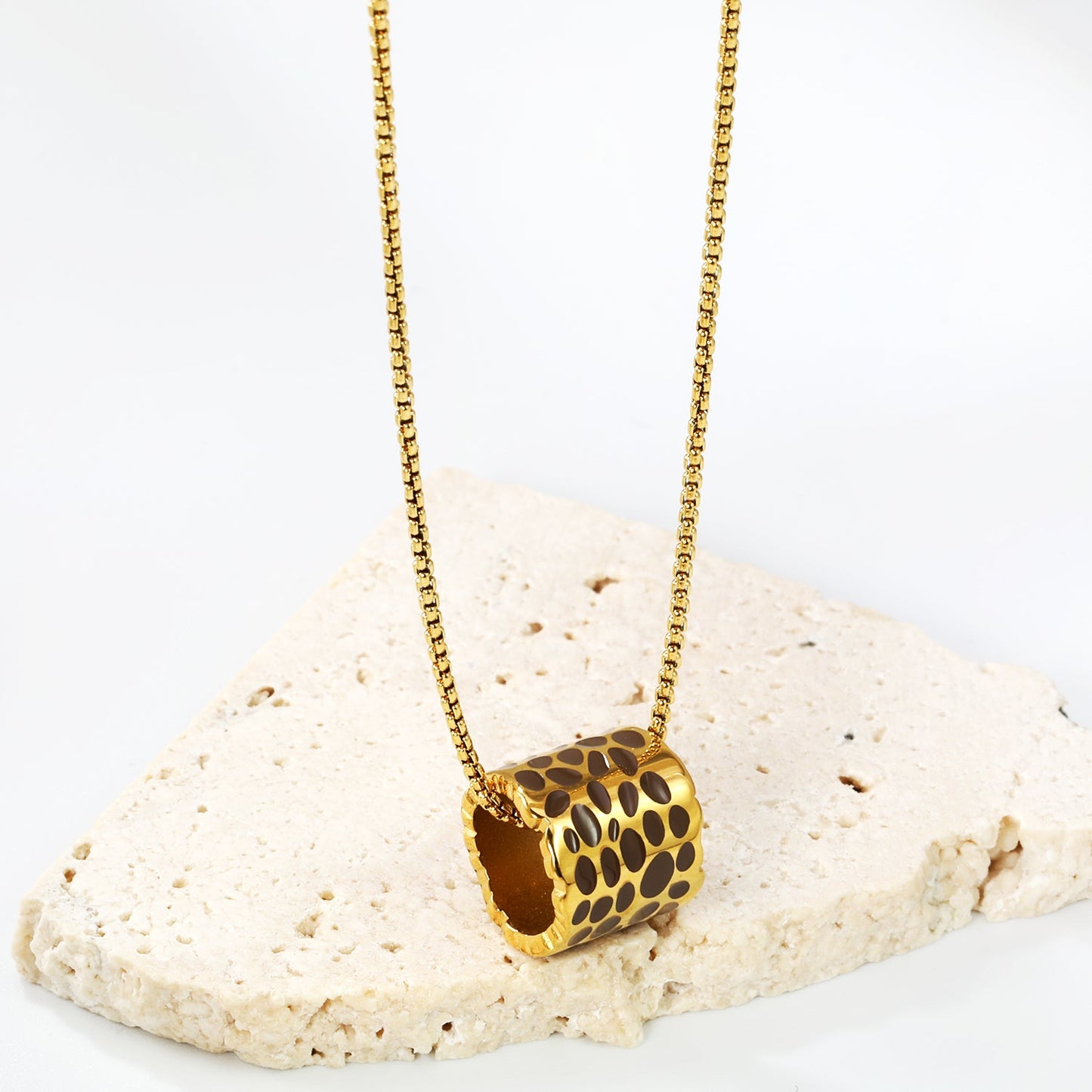 11*12mm hollow cylinder with light curry/pink/blue speckled oil drop pendant necklace 1.2 square pearl chain 40+5cm+6mm round piece gold color
