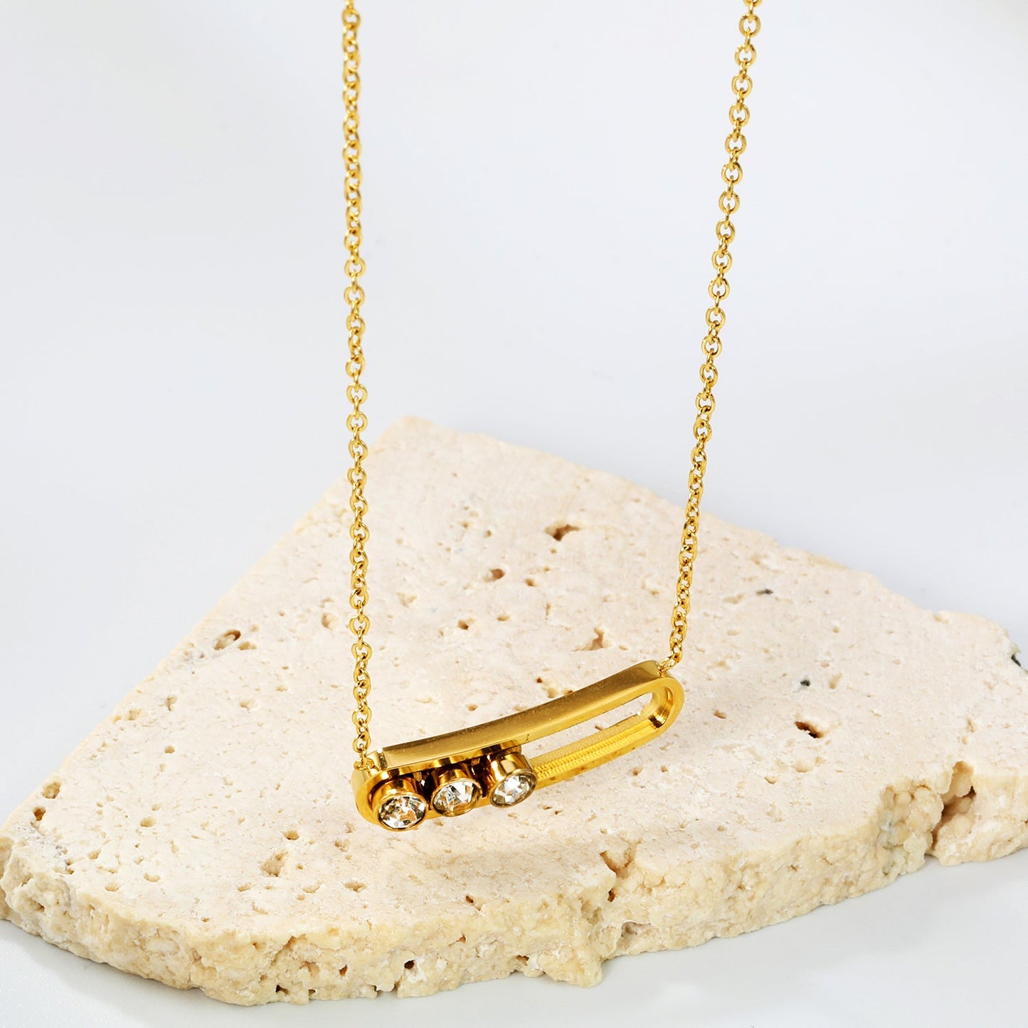 22.8*5.6mm slide U frame+3.5mm round white zirconia pendant necklace 45+5cm+6mm round end tag gold color