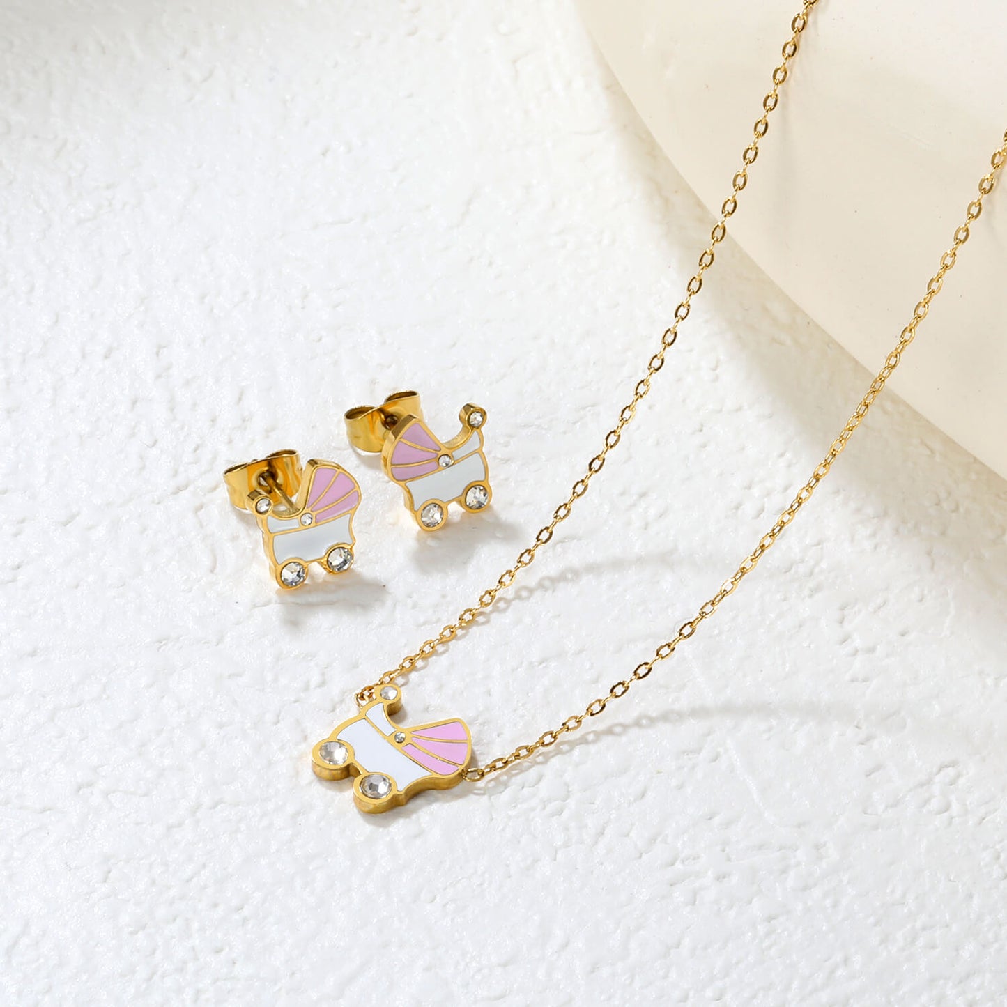 ✨10.5x12mm Pink & White Rocking Teardrop Set Diamond Accents | Gold/Silver Stainless Steel Necklace & Earrings | 42+5cm | Wholesale