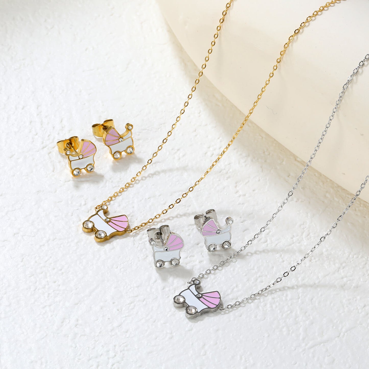 ✨10.5x12mm Pink & White Rocking Teardrop Set Diamond Accents | Gold/Silver Stainless Steel Necklace & Earrings | 42+5cm | Wholesale