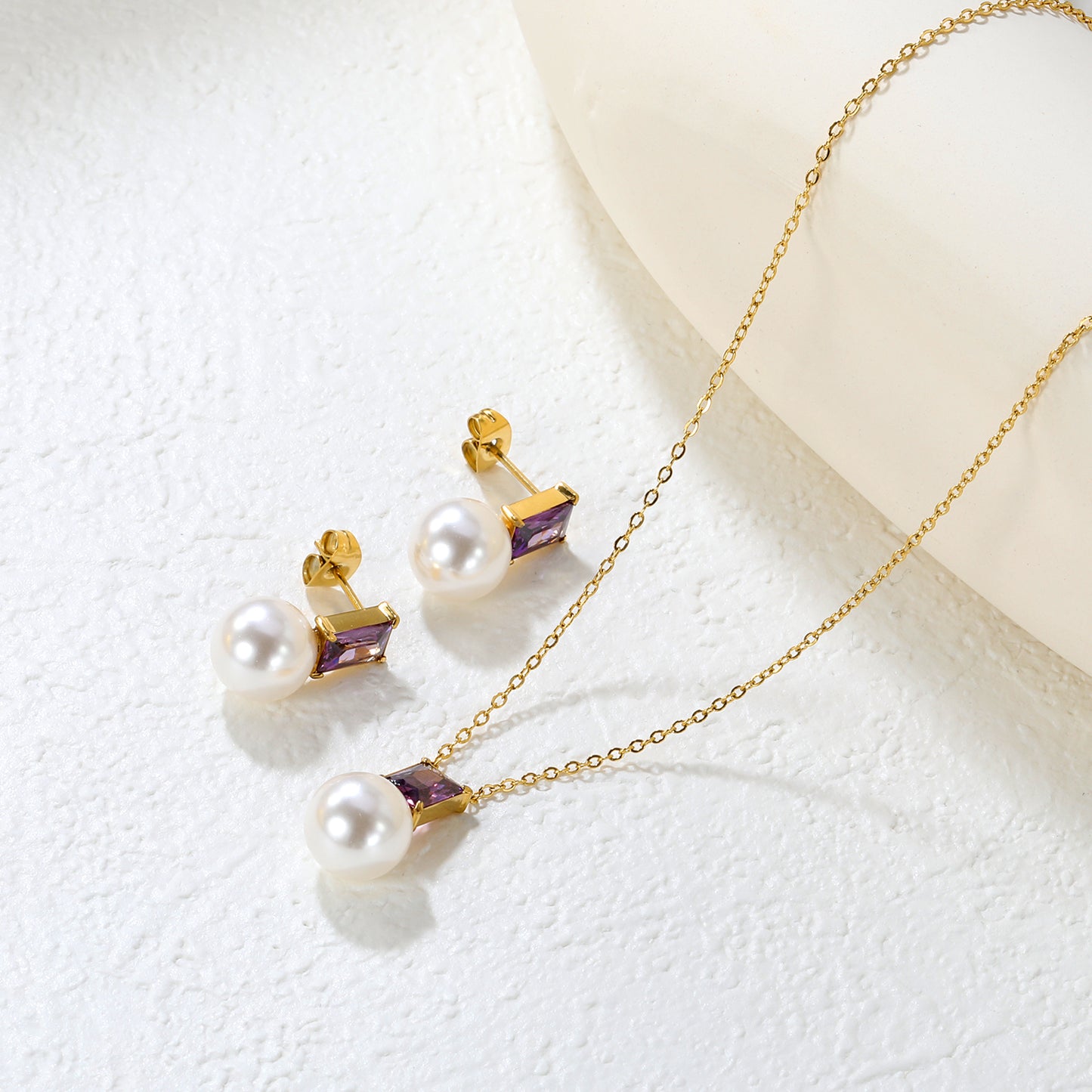 ✨ Wholesale Gold Stainless Steel Rectangular Purple Zircon & Pearl Pendant Set (7.5x5.5mm) | 40+5cm Chain | 7g