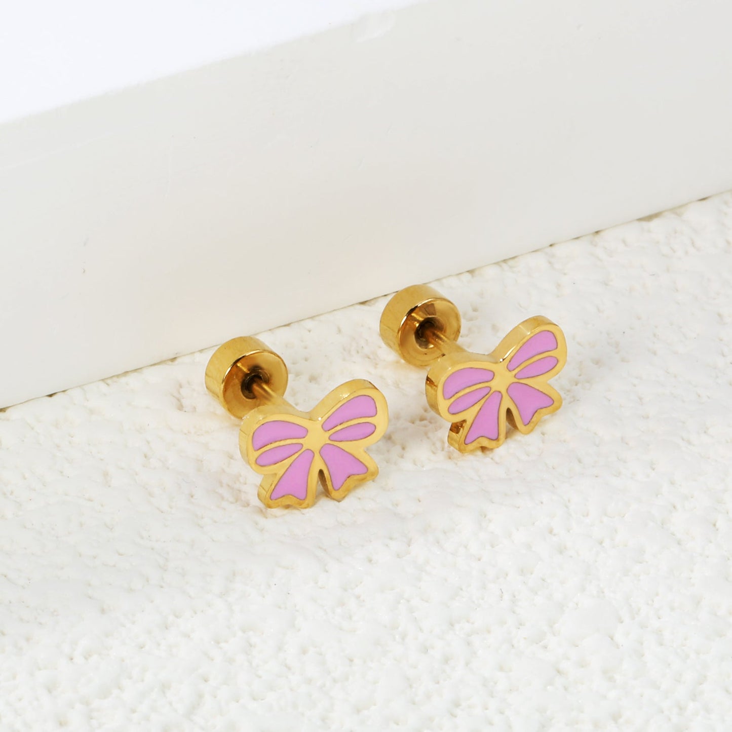 Wholesale Screw plug 0.8*8mm needle 8*6mm bow with pink and purple drop earrings gold color