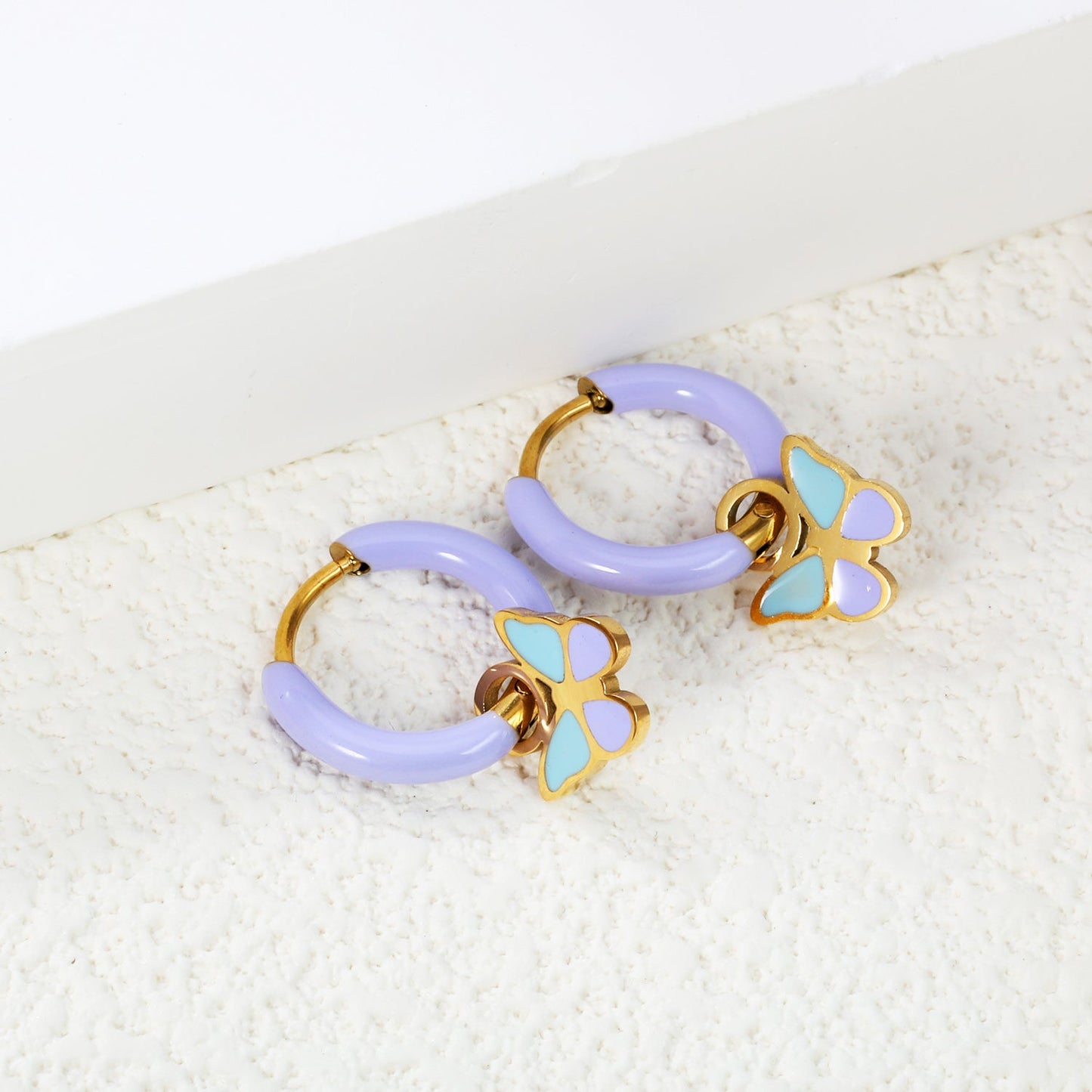 2*10mm circle with purple dripping oil + 9.3*9.5mm butterfly with mixed color dripping oil accessories earrings gold color