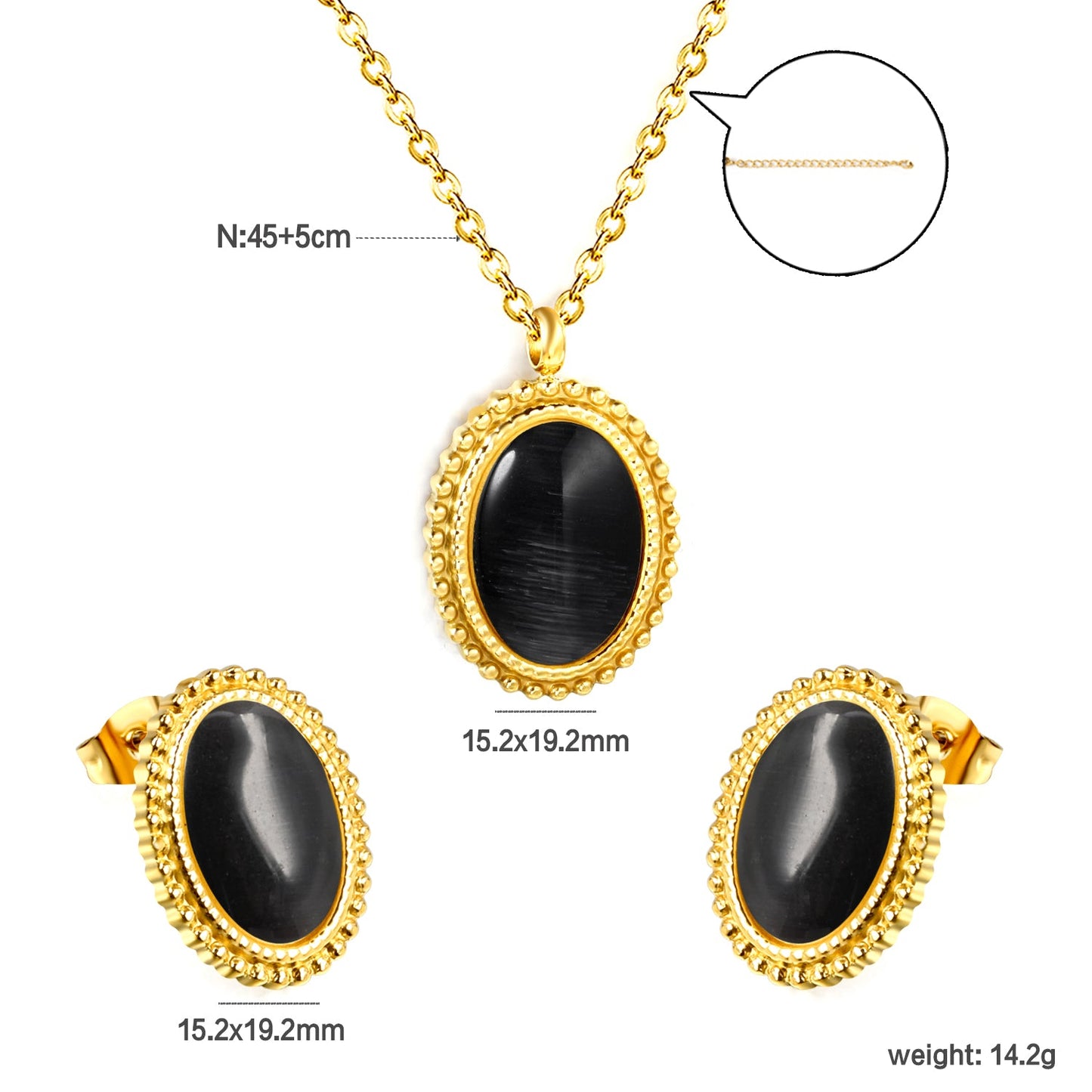 15.2*19.2mm Lace Oval with Black Cat's Eye Stone Set