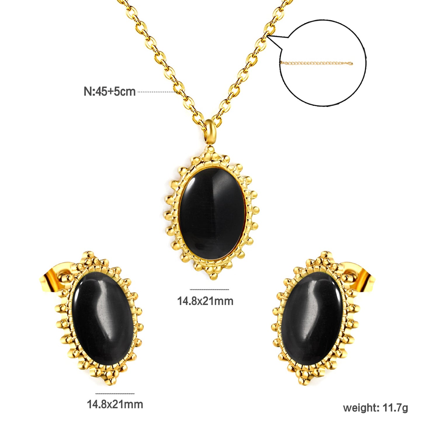 14.8*22mm loose beads side oval with black cat's eye stones set