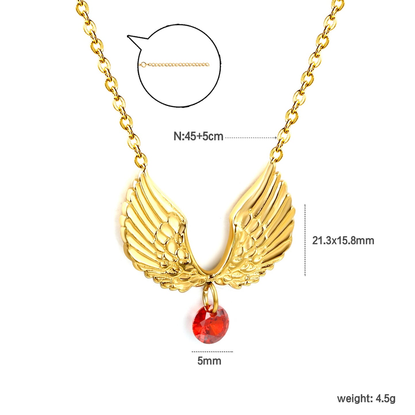1 pair of wings with 1 red diamond pendant 21.3*15.8 necklace 45+5cm