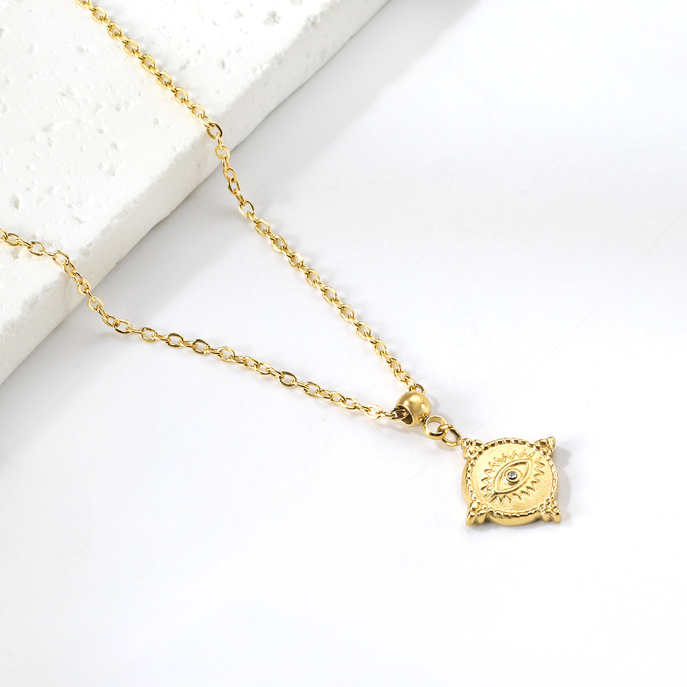 2024 New Year Steel Bead with Round Cake Eye Pattern Pendant Necklace with Diamonds 45+5cm