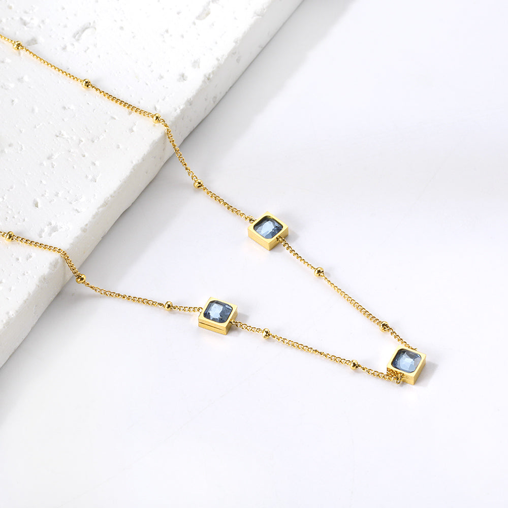3 square white & red & lake blue & green diamond pendant bead chain necklace 39+5cm gold color