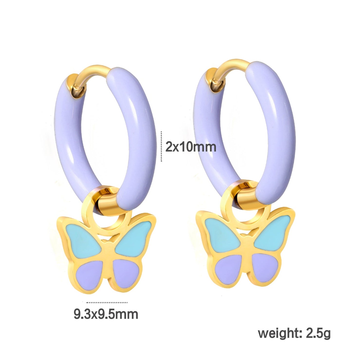 2*10mm circle with purple dripping oil + 9.3*9.5mm butterfly with mixed color dripping oil accessories earrings gold color