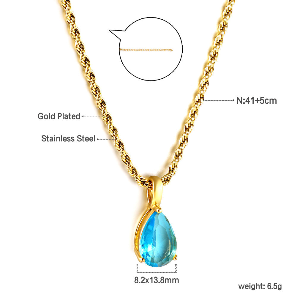 Pink & Blue & Aquamarine & Lake Blue & Yellow Teardrop Diamond Pendant Necklace 40+5cm