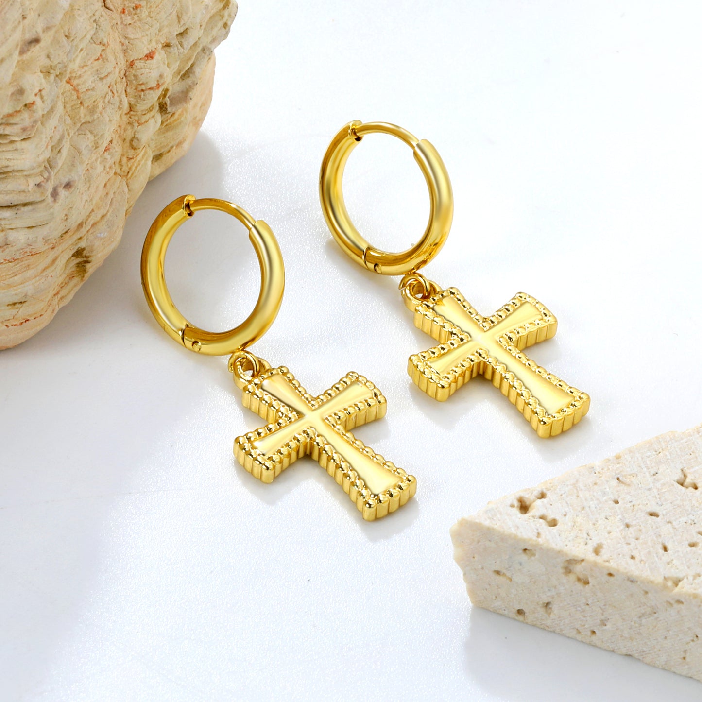 wholesale 18k Gold Plated Stainless Steel 13.9*20mm Cross Drop Earring Jewelry