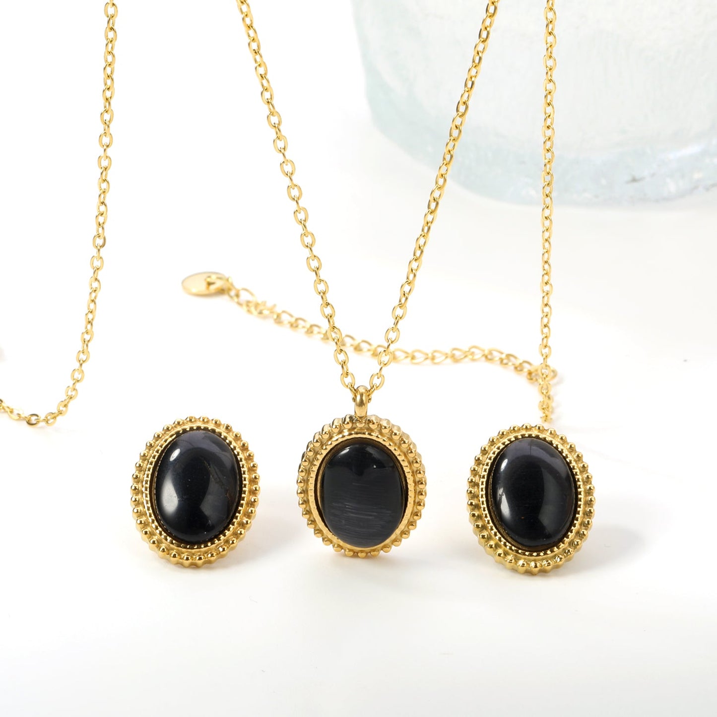 15.2*19.2mm Lace Oval with Black Cat's Eye Stone Set