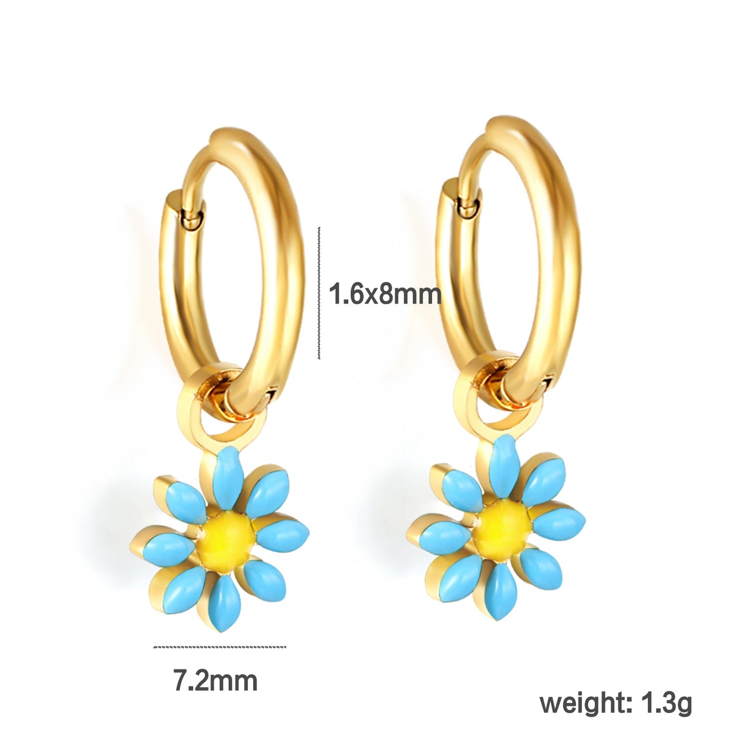 1.6x Inside Diameter 8mm Circle with 7.2mm Black & Green & Yellow & Red & Blue Daisy Earrings
