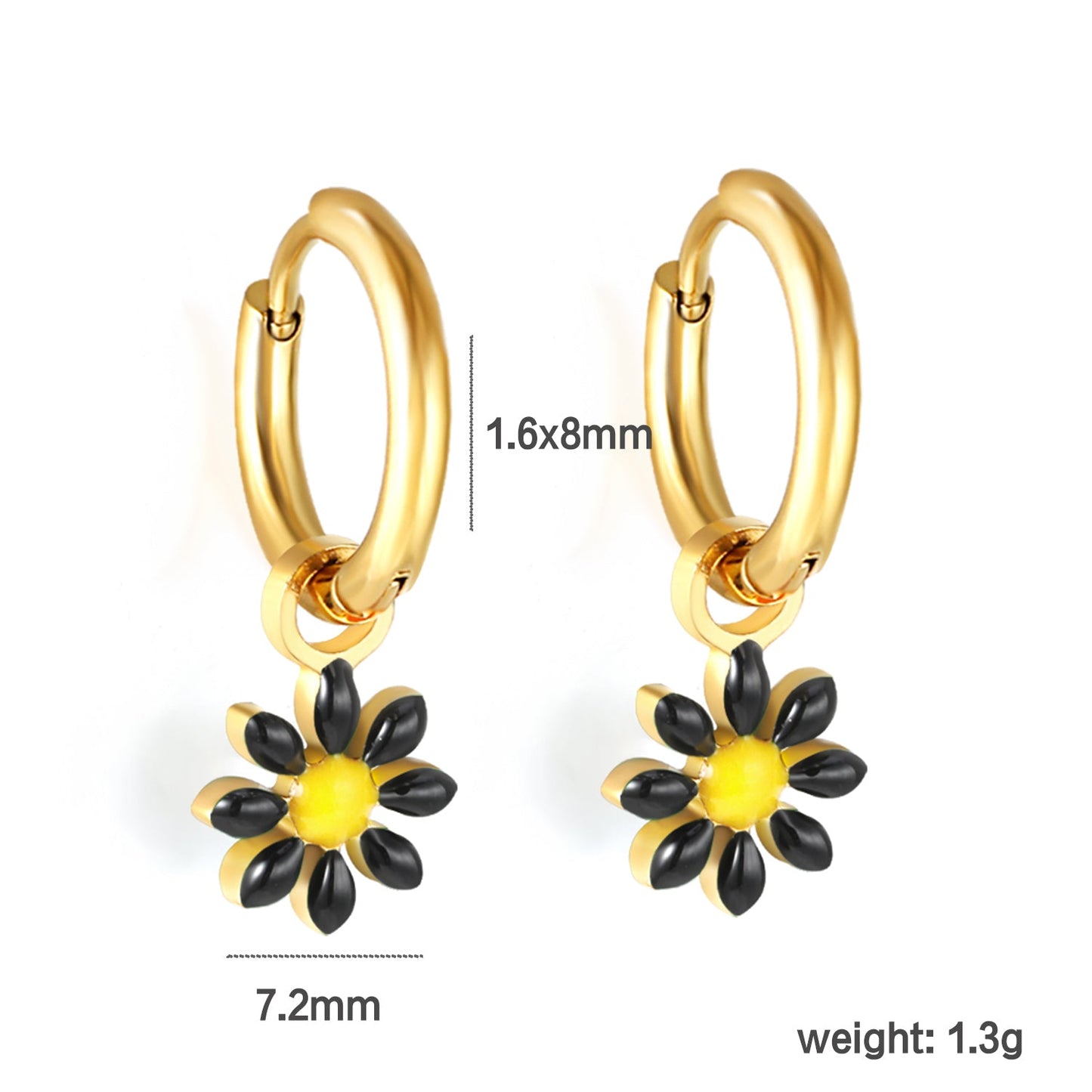1.6x Inside Diameter 8mm Circle with 7.2mm Black & Green & Yellow & Red & Blue Daisy Earrings