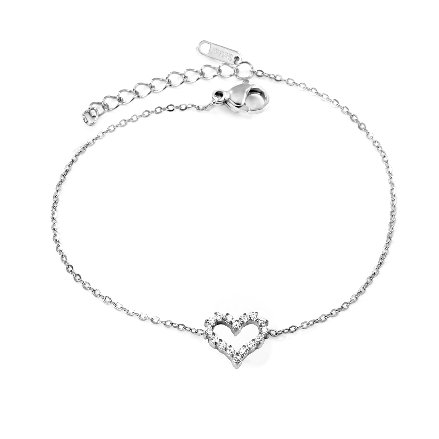Stainless Steel Steel-Colored Hollow Heart Zircon Bracelets - 11.2*10mm, 17+3cm with 6mm Round End Plate