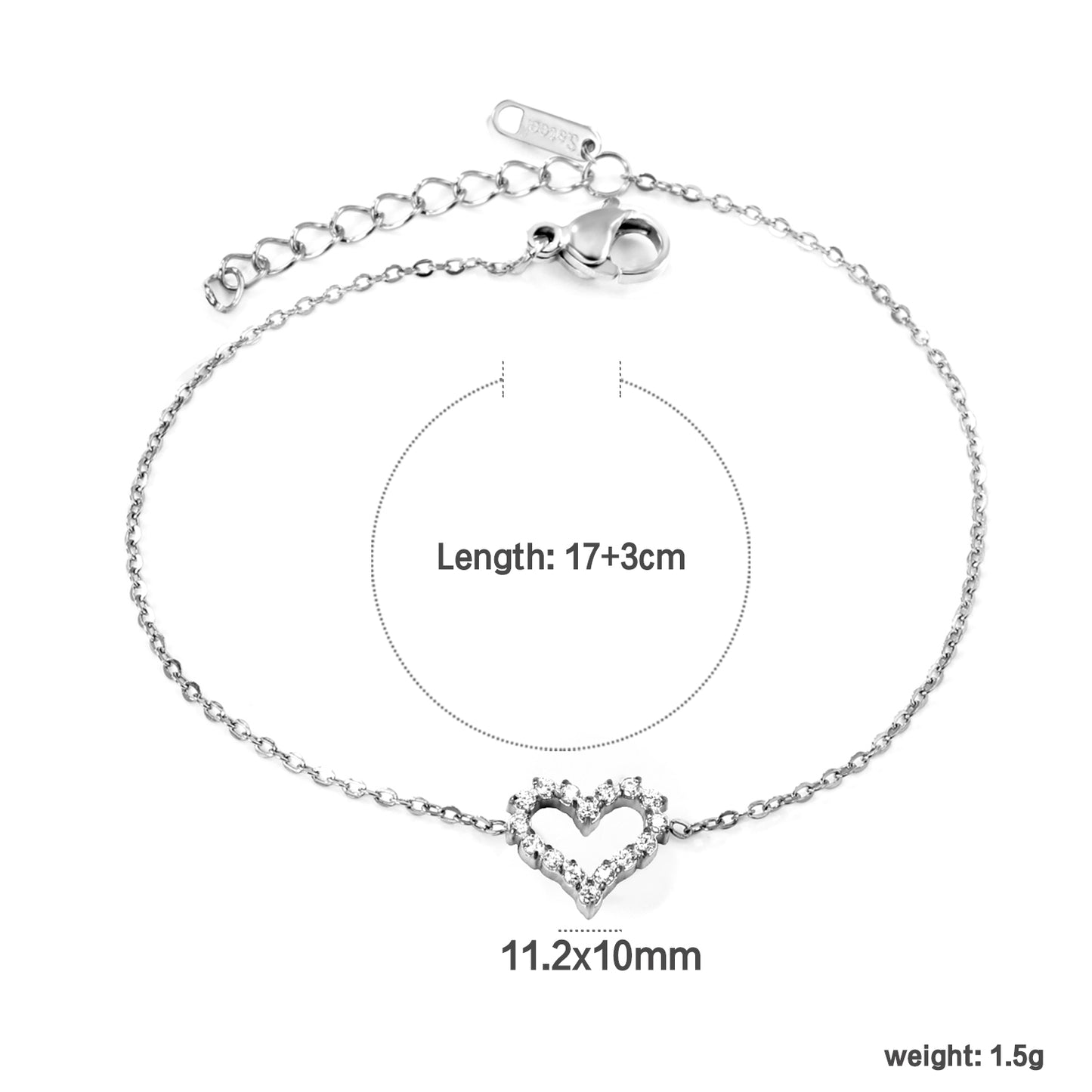 Stainless Steel Steel-Colored Hollow Heart Zircon Bracelets - 11.2*10mm, 17+3cm with 6mm Round End Plate