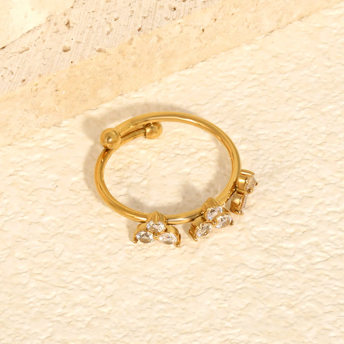 Dainty CZ Three Flower Open Cuff Ring | Wholesale MOQ 12 | 18K Gold Plated Stainless Steel Ring Wholesale