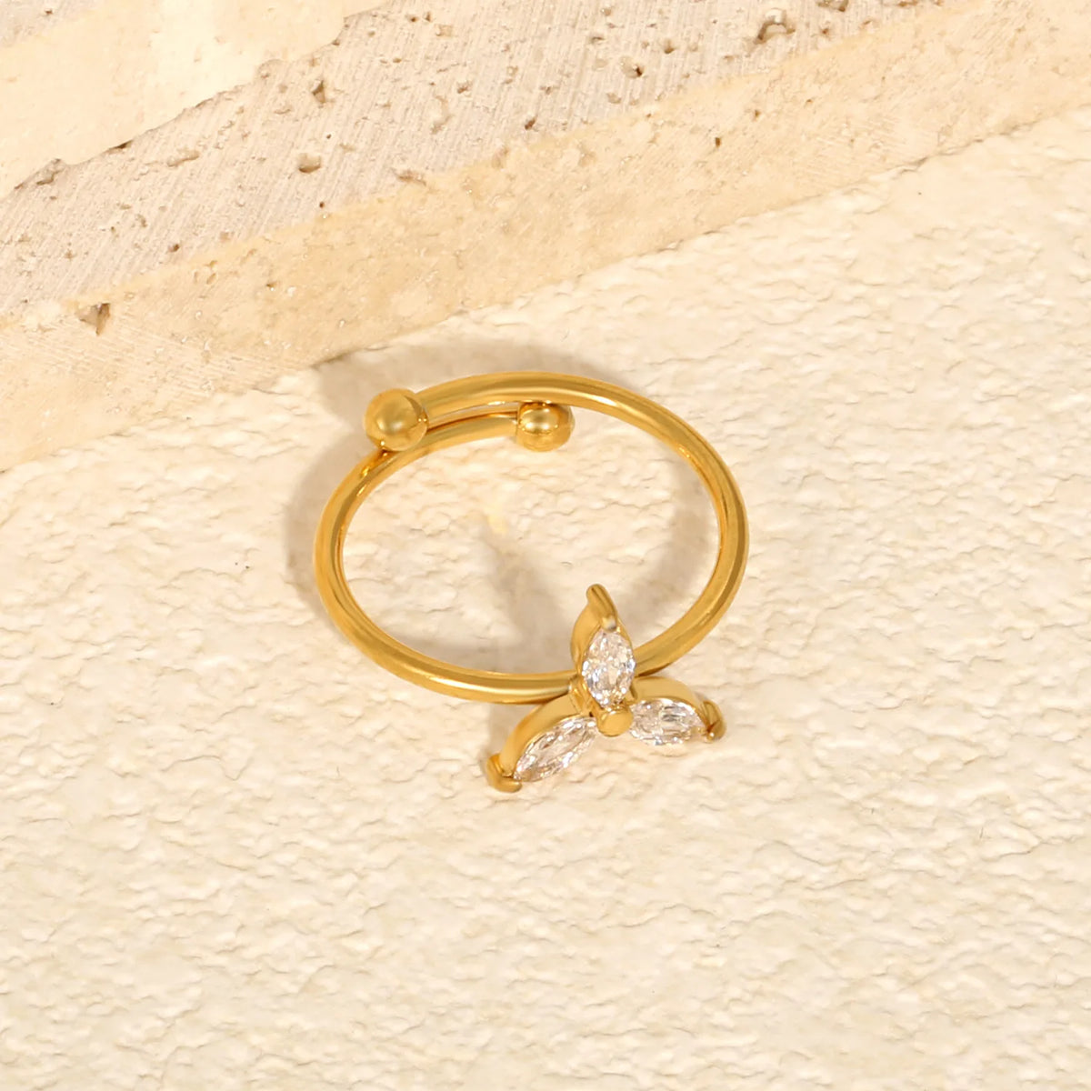 Marquise-Cut CZ Three Petal Open Cuff Ring | 18K Gold Plated Stainless Steel Dainty Ring