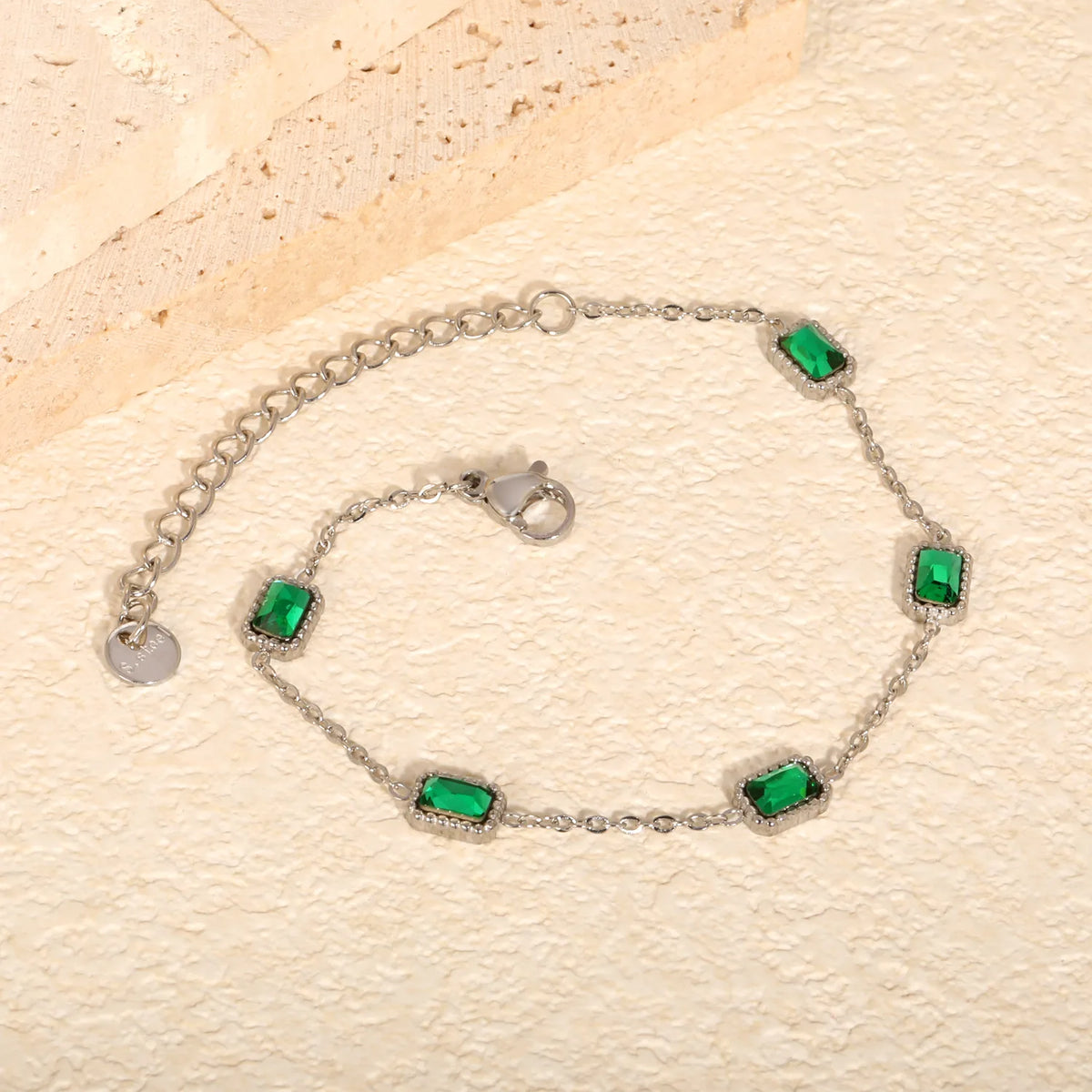 Rectangular Green Zircon Statement Bracelet | Steel Color | Wholesale MOQ 12