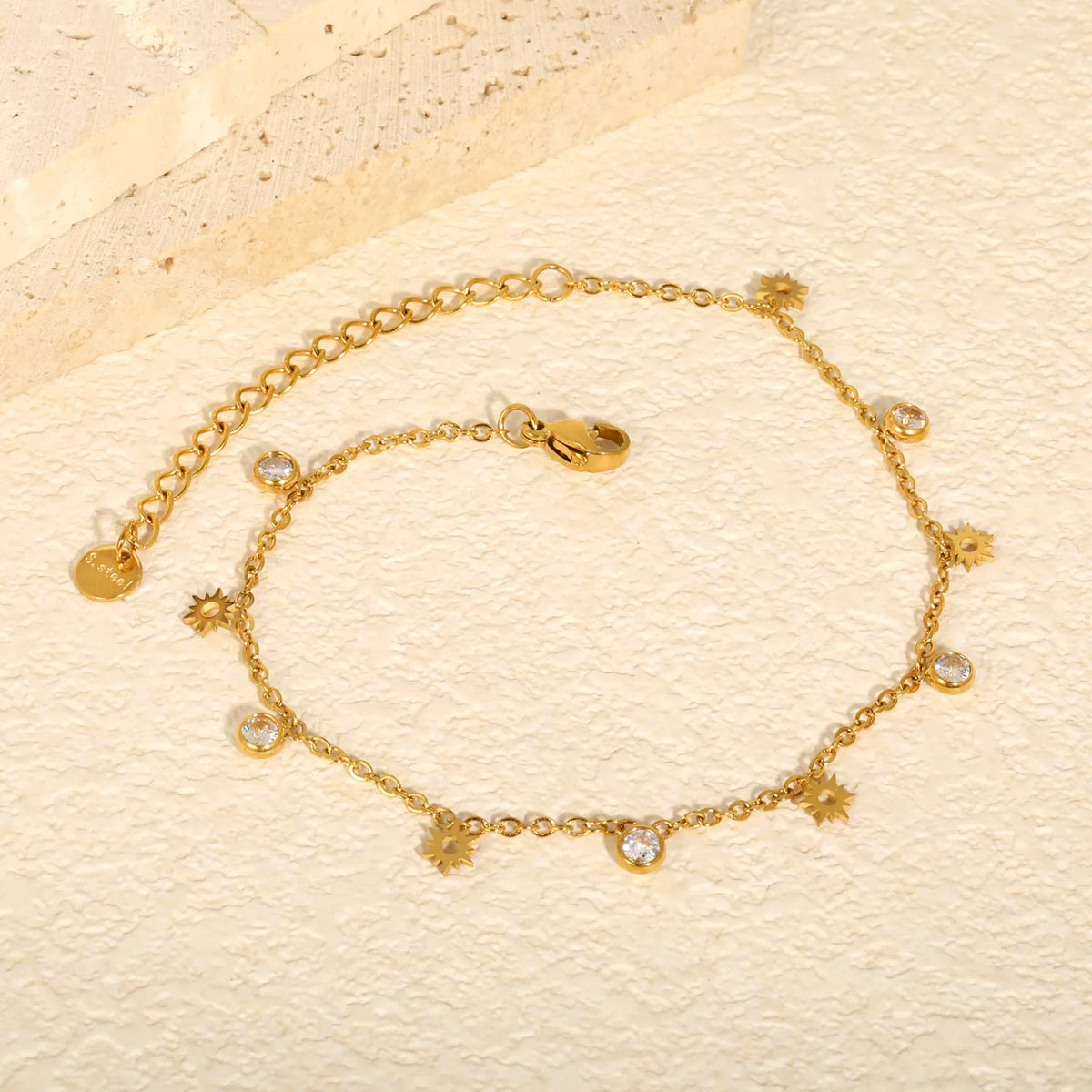 18K Gold Plated Stainless Steel Anklet with CZ Sun Charm | Wholesale MOQ 12