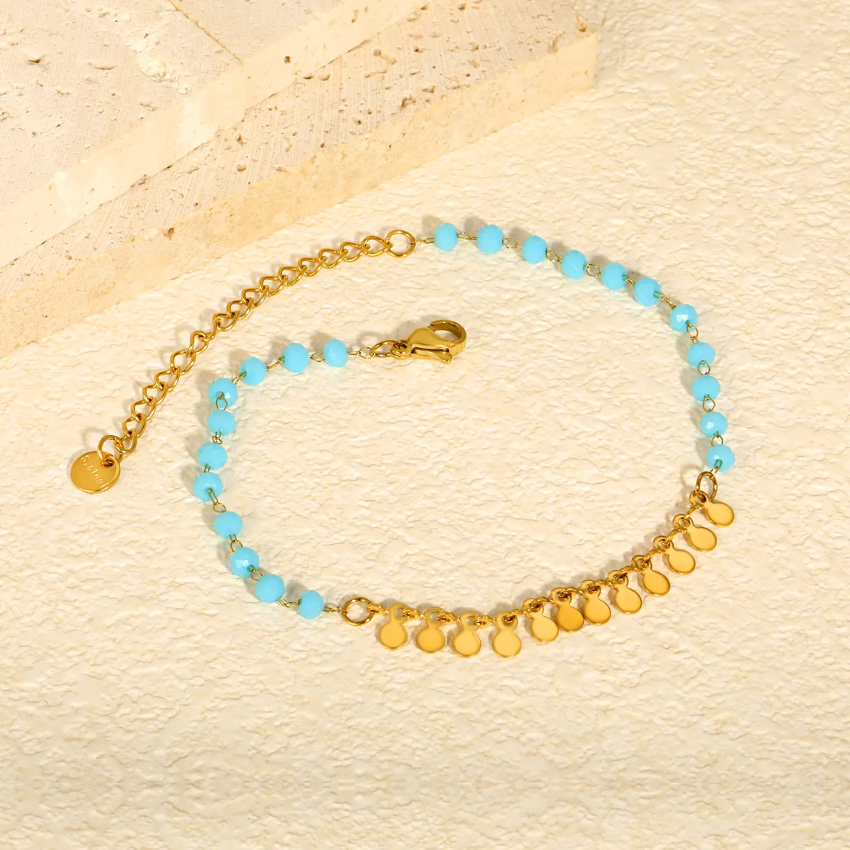 Blue Bead Disc Charm Anklet | Wholelsale MOQ 12 | 18K Gold Plated Stainless Steel Summer Ankle