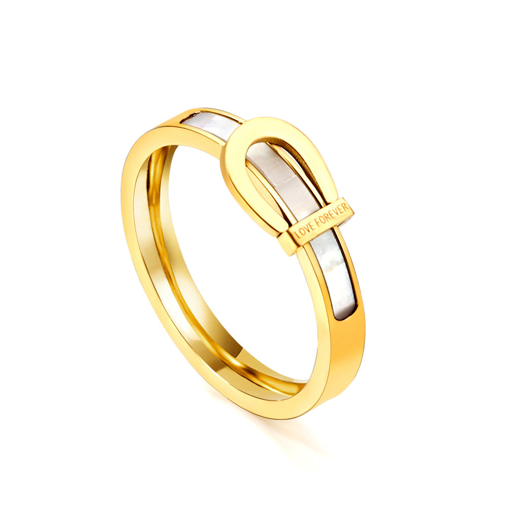White mother-of-pearl horseshoe buckle belt buckle ring 18K gold fashion ring