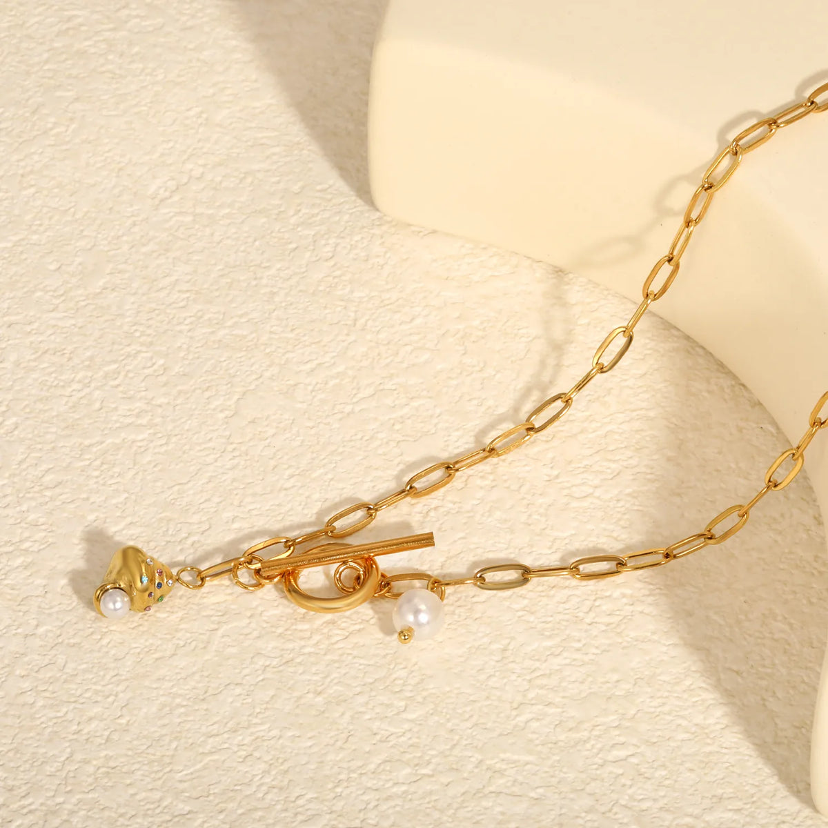 Ice Cream Charm Pearl Paperclip Chain Necklace Wholesale | 18K Gold Plated | Toggle Clasp Design