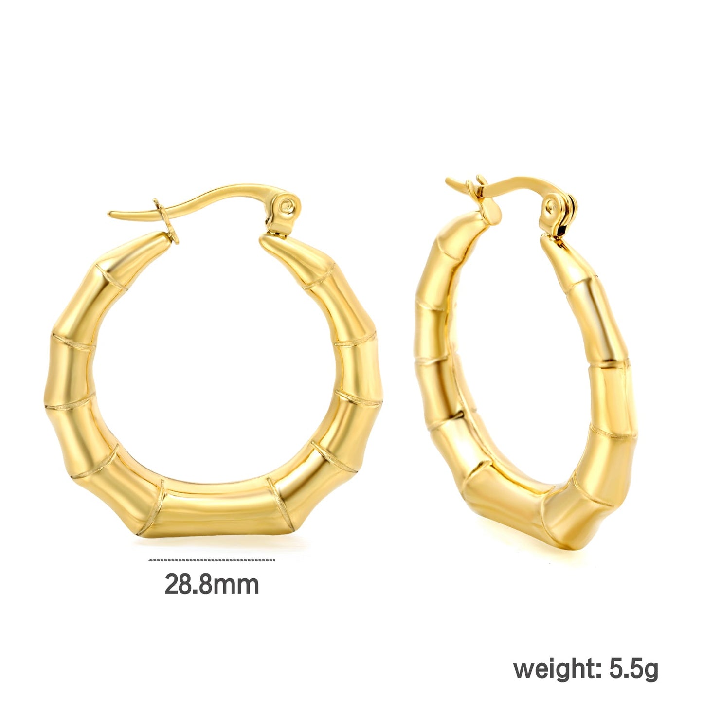 Hollow open round bamboo earrings 28.8mm gold color